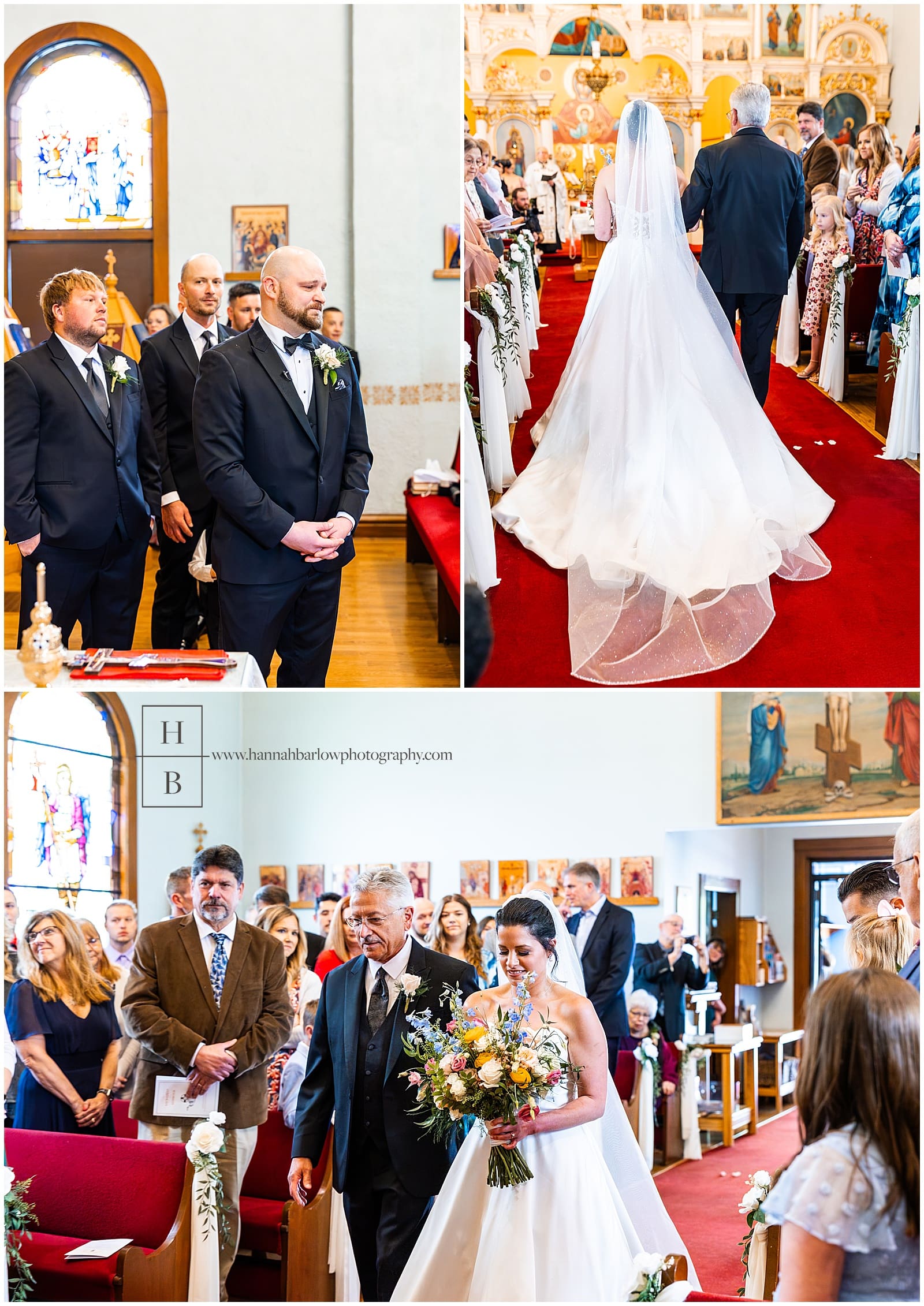 Bride walks down aisle, while groom, tears up