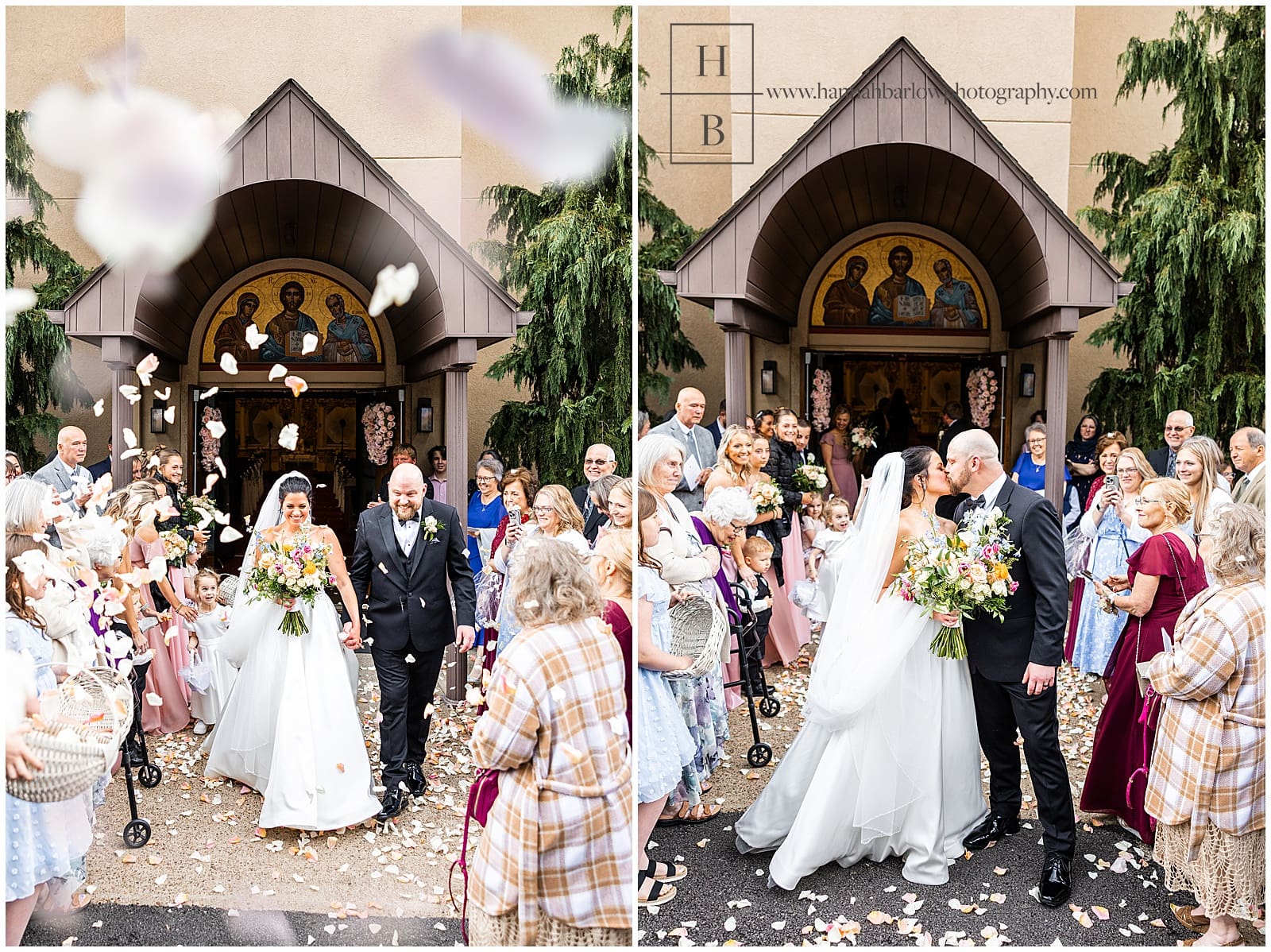 Bride and groom walk outside church as guests throw petals
