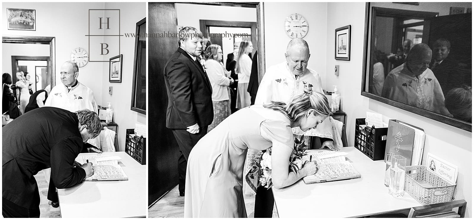 Black and white photo of bridal party signing marriage license