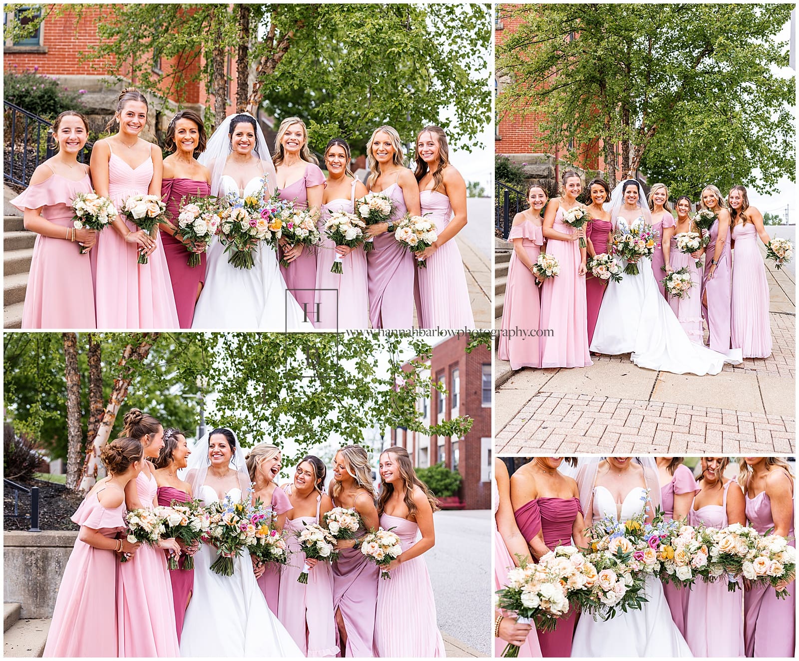 Bridesmaids and pink dresses pose with bride