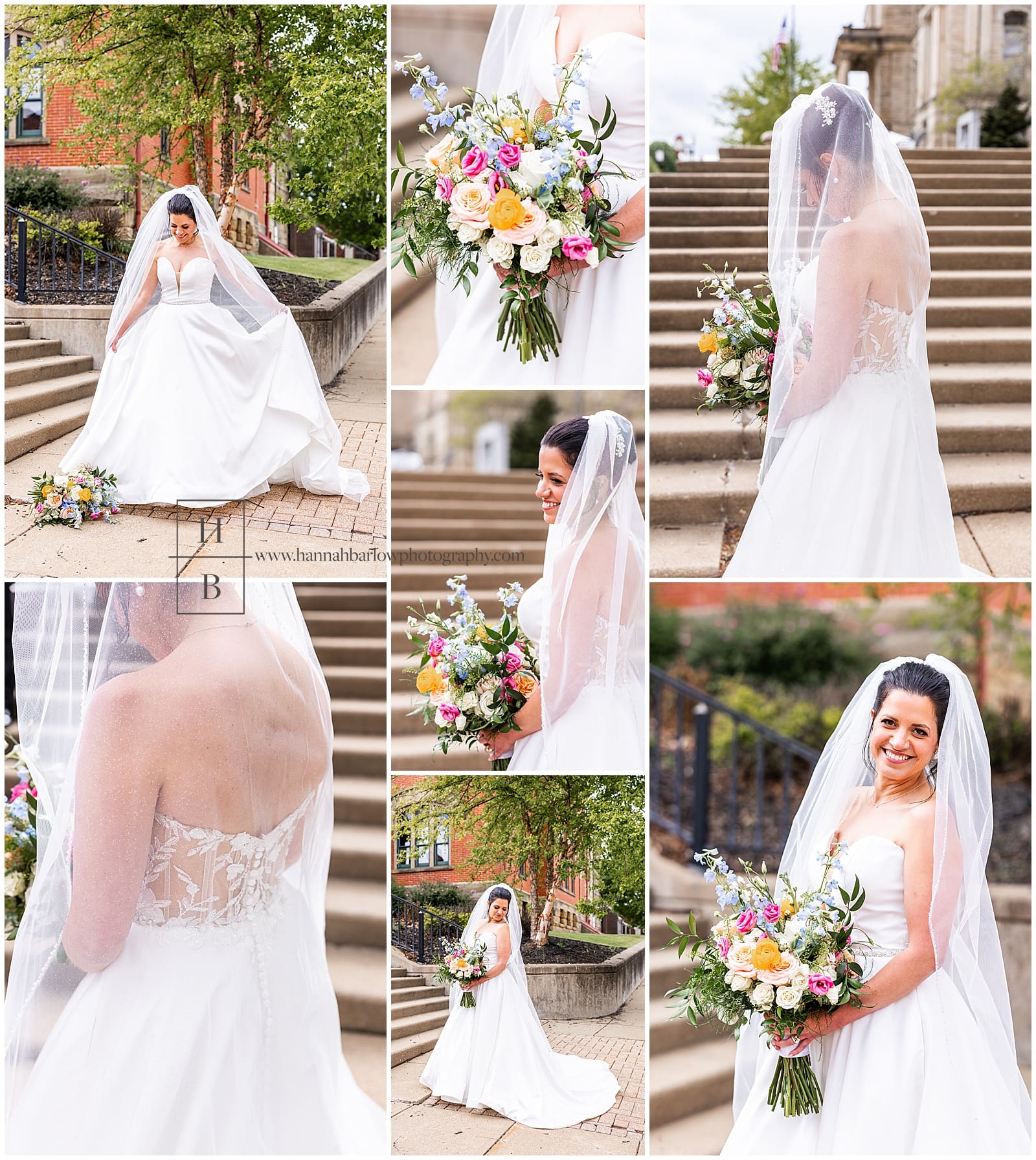 Bride holds spring bouquet and poses in front of stone steps