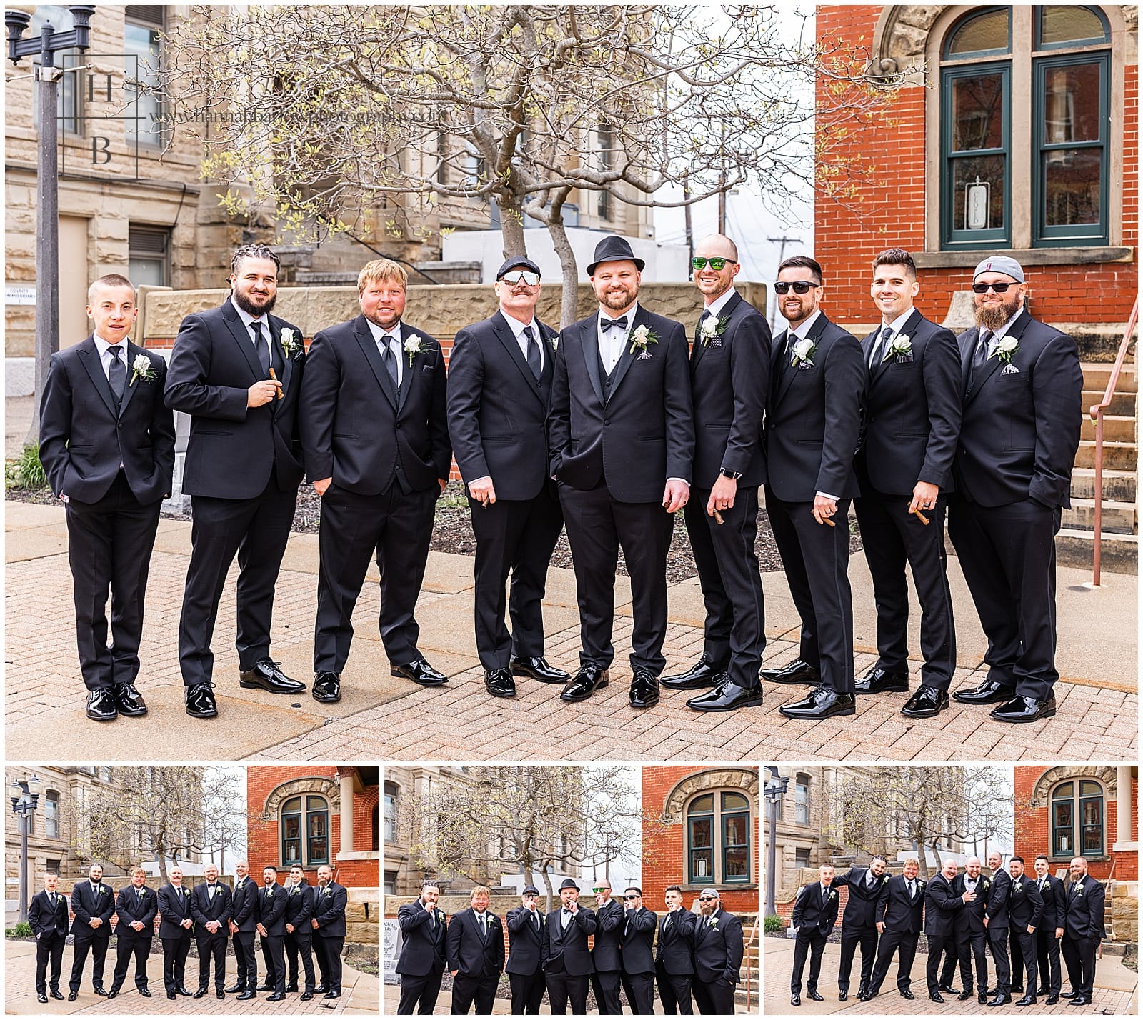 Groomsmen wear hats and smoke cigars
