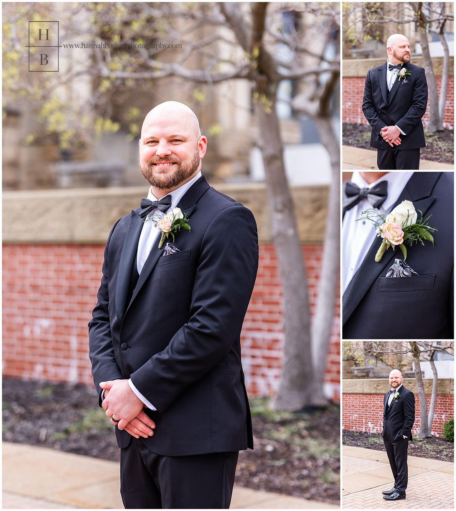 Groom poses for wedding photo in front of brick wall