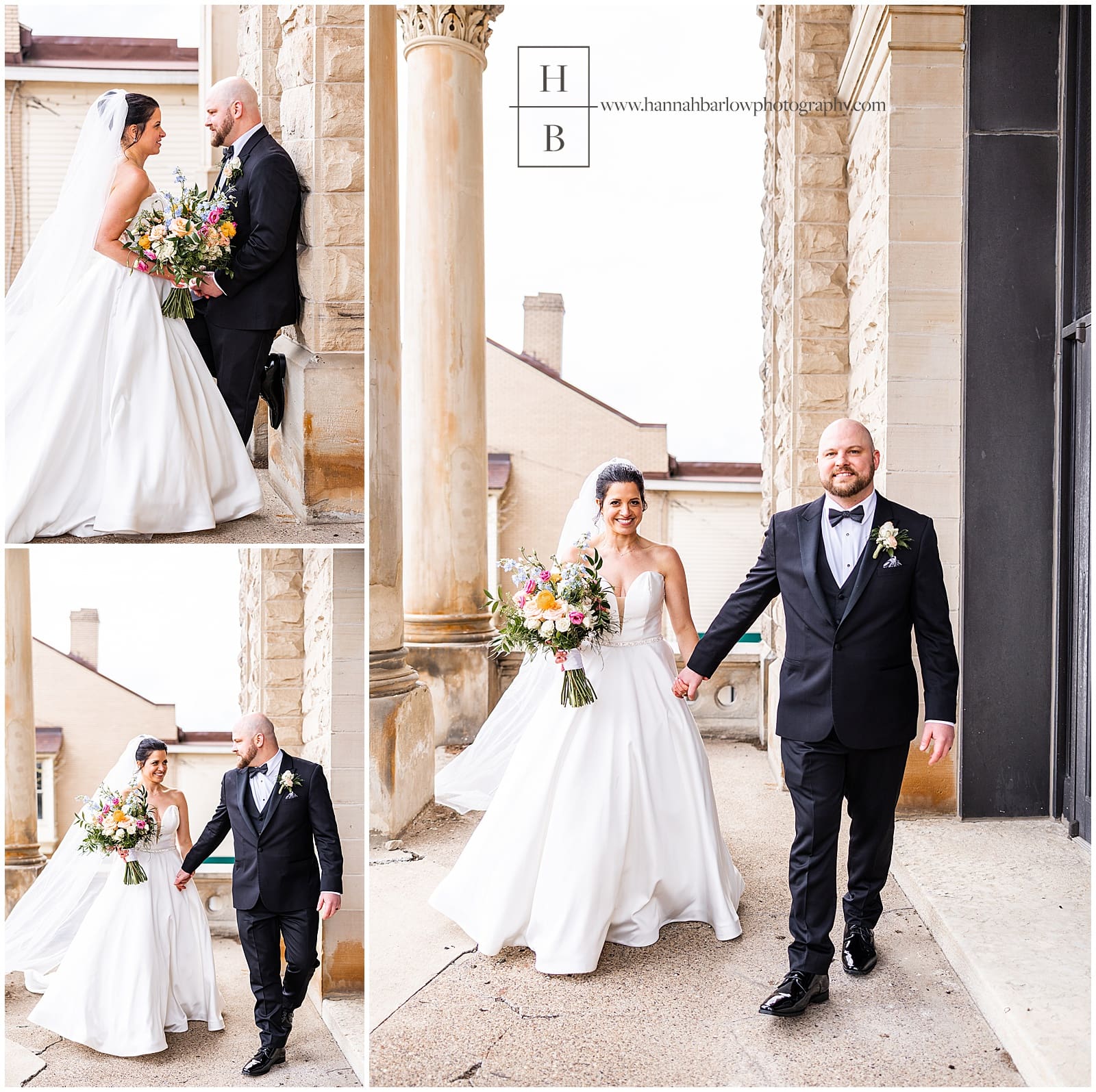 Bride and groom, walk by stone pillars