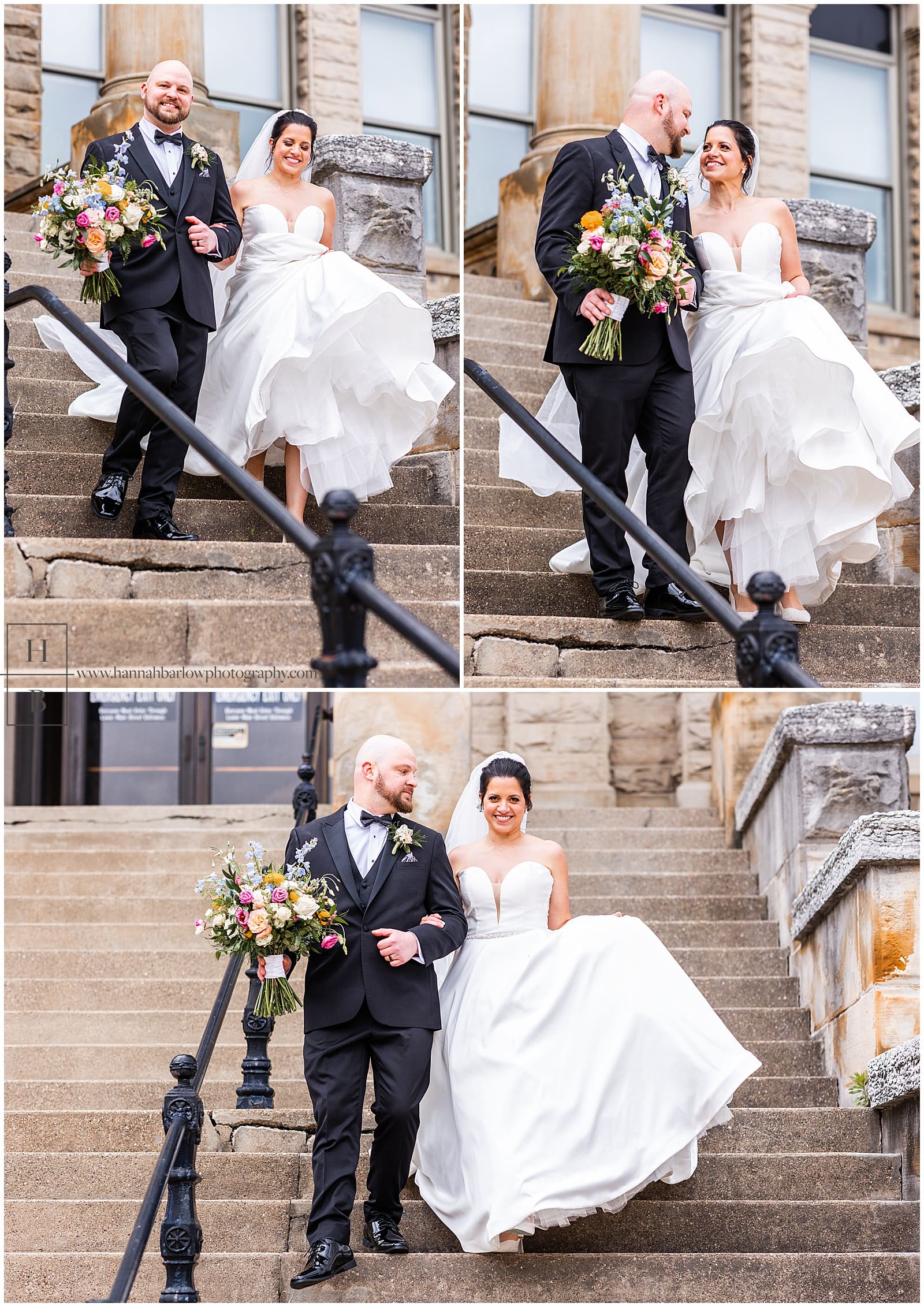 Bride and elegant ballgown, walks down steps, holding grooms hand