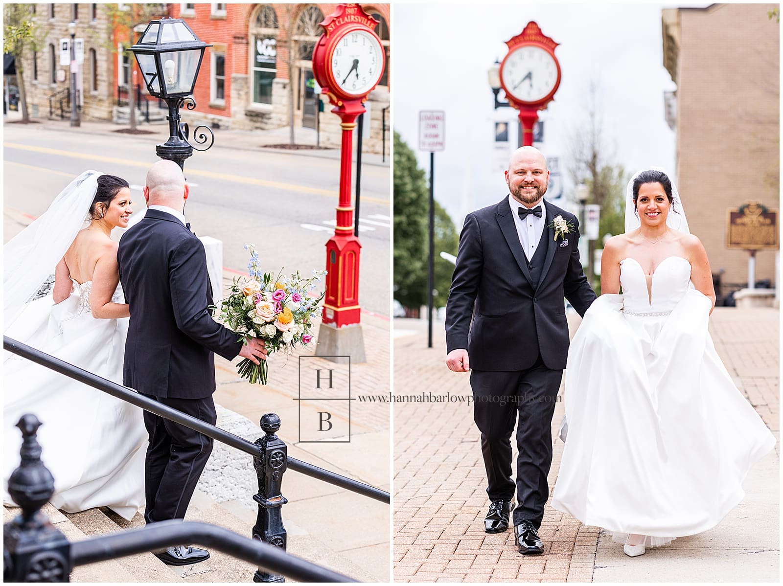 Bride and groom walk down the stre