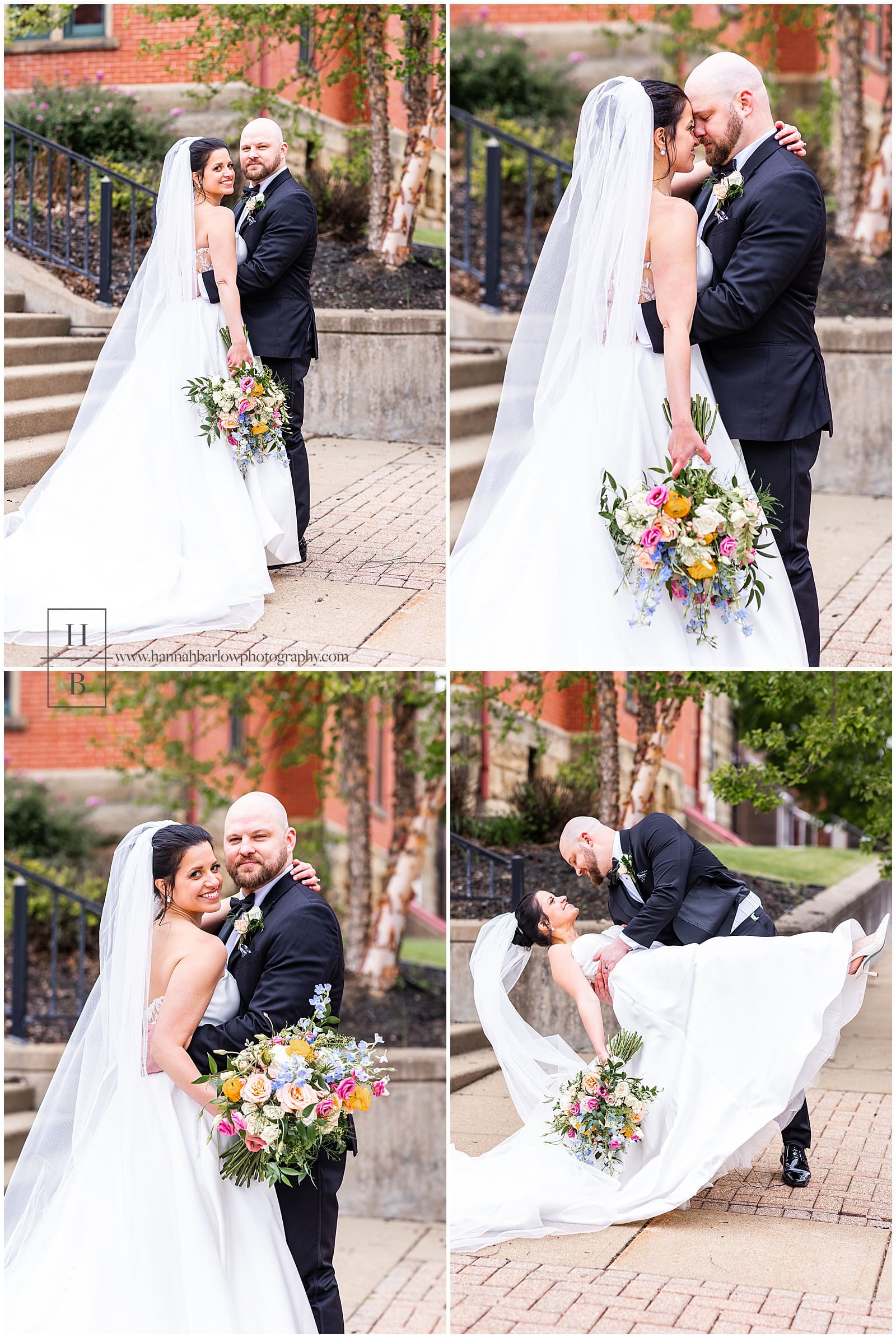 Bride and groom, pose by brick building, and steps for wedding photo
