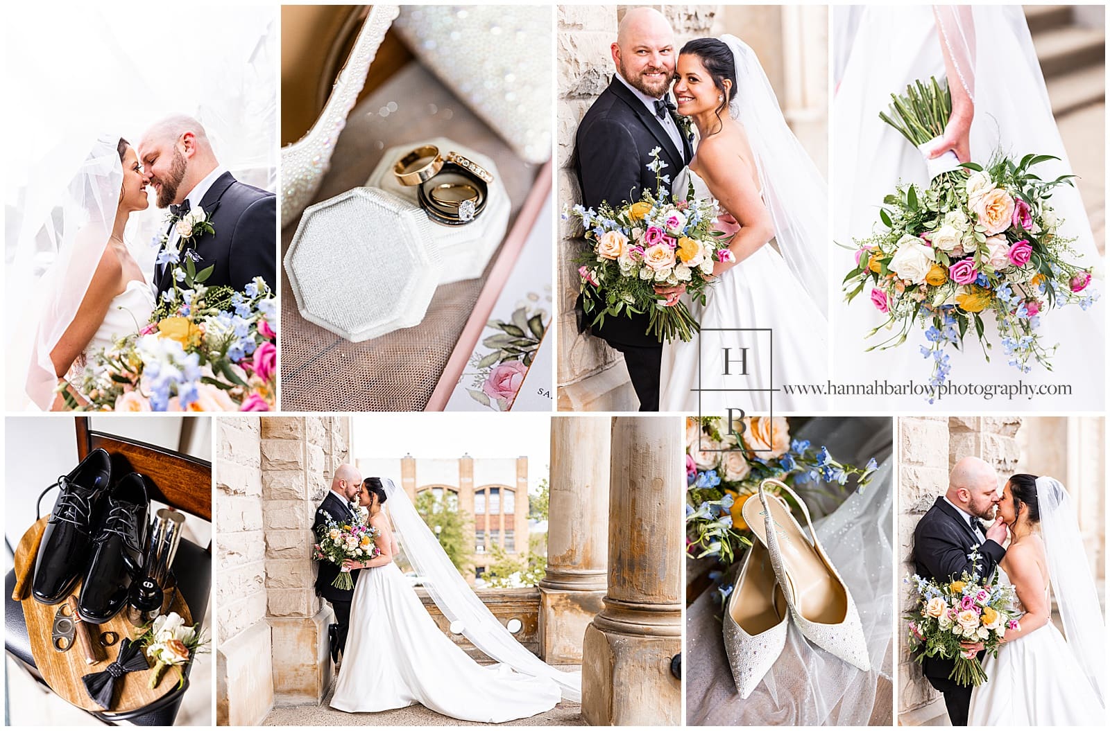 Couple portraits in collage of spring wedding at Belmont County Courthouse in Belmont County, Ohio