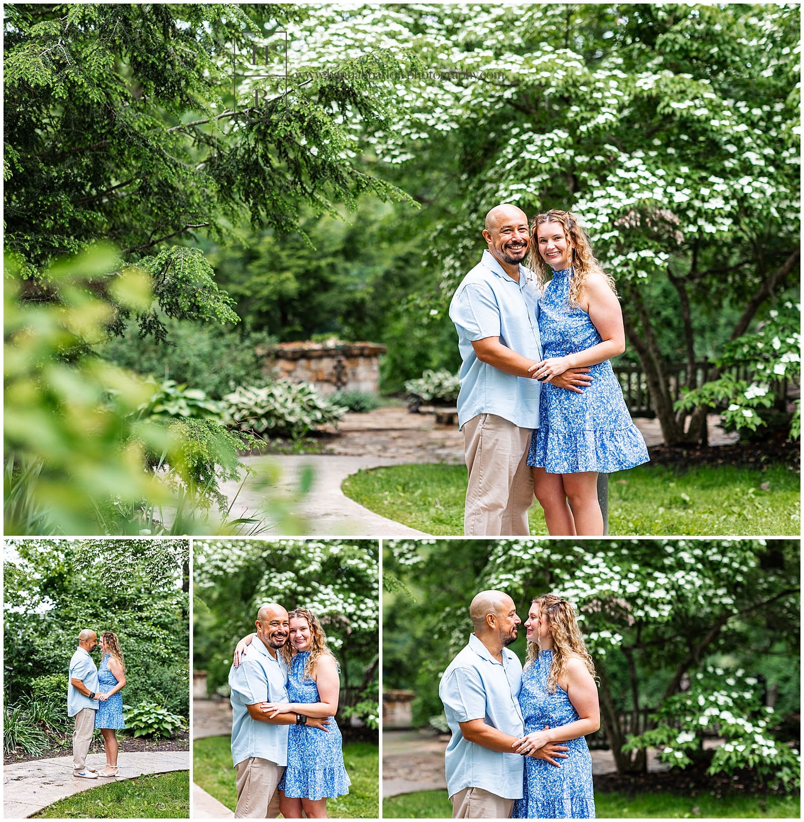 lady in blue dress poses with fiancé for engagement photos
