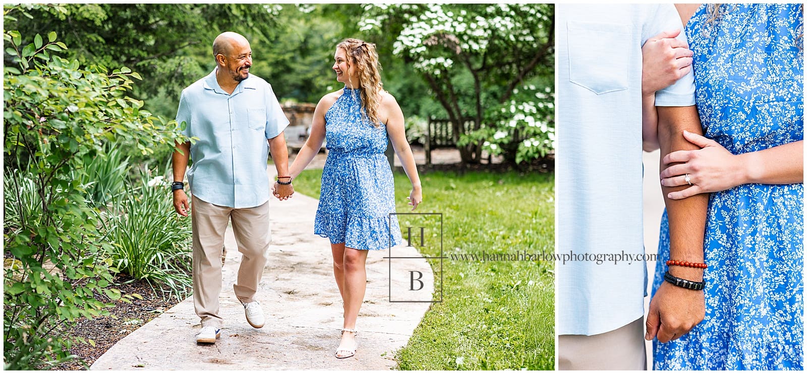 couple walks hand in hand down concrete path for engagement photos