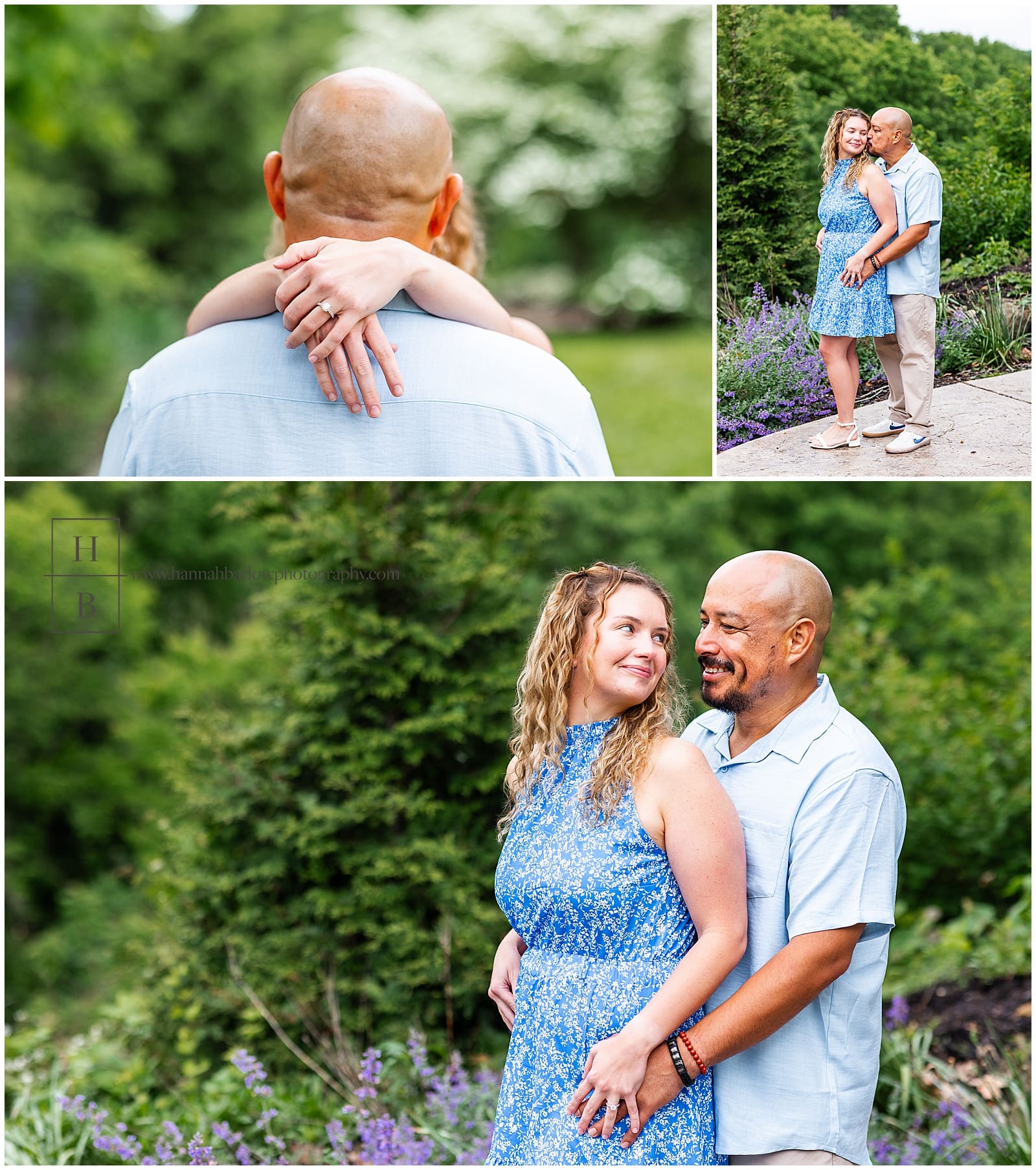 couple embraces and shows off engagement ring for engagement photos