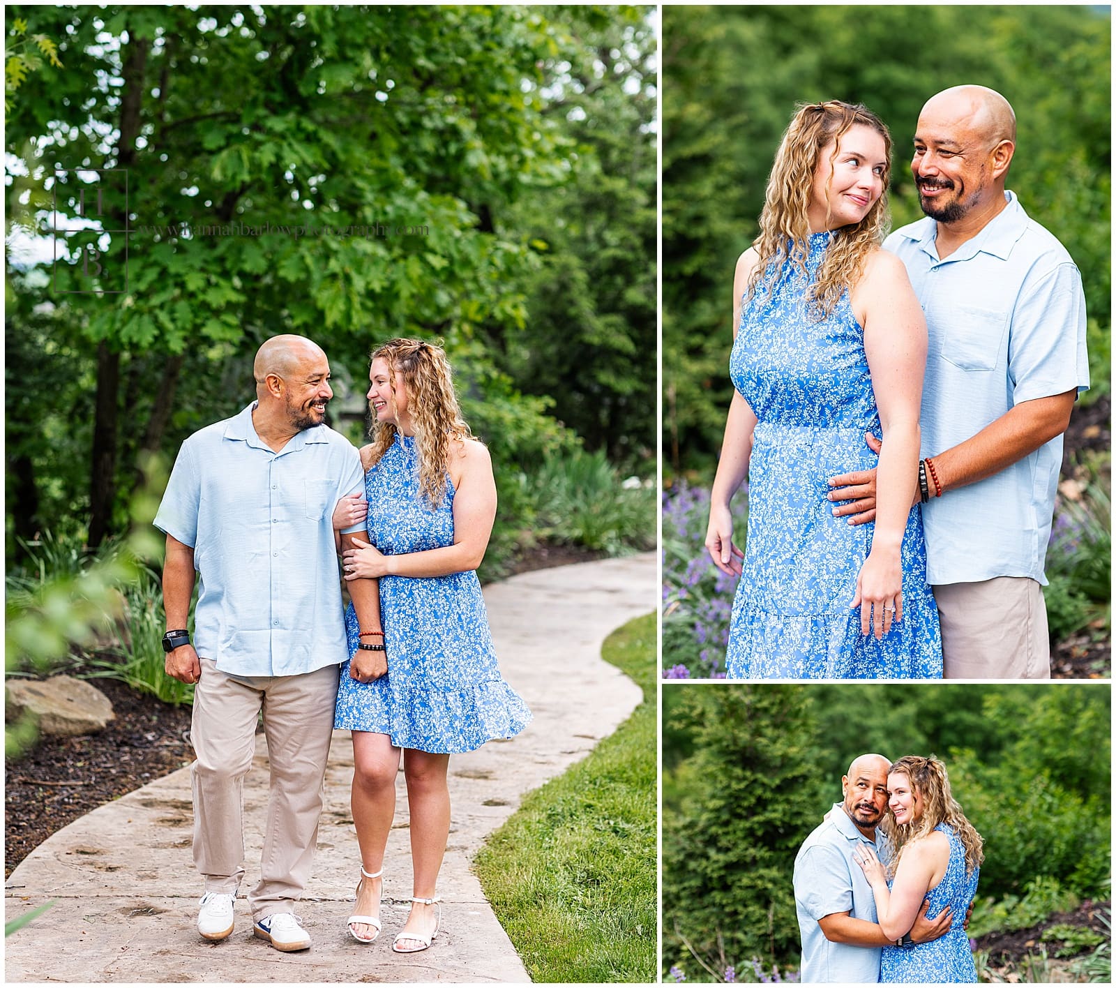 couple snuggles and looks off into the distance for engagement photos