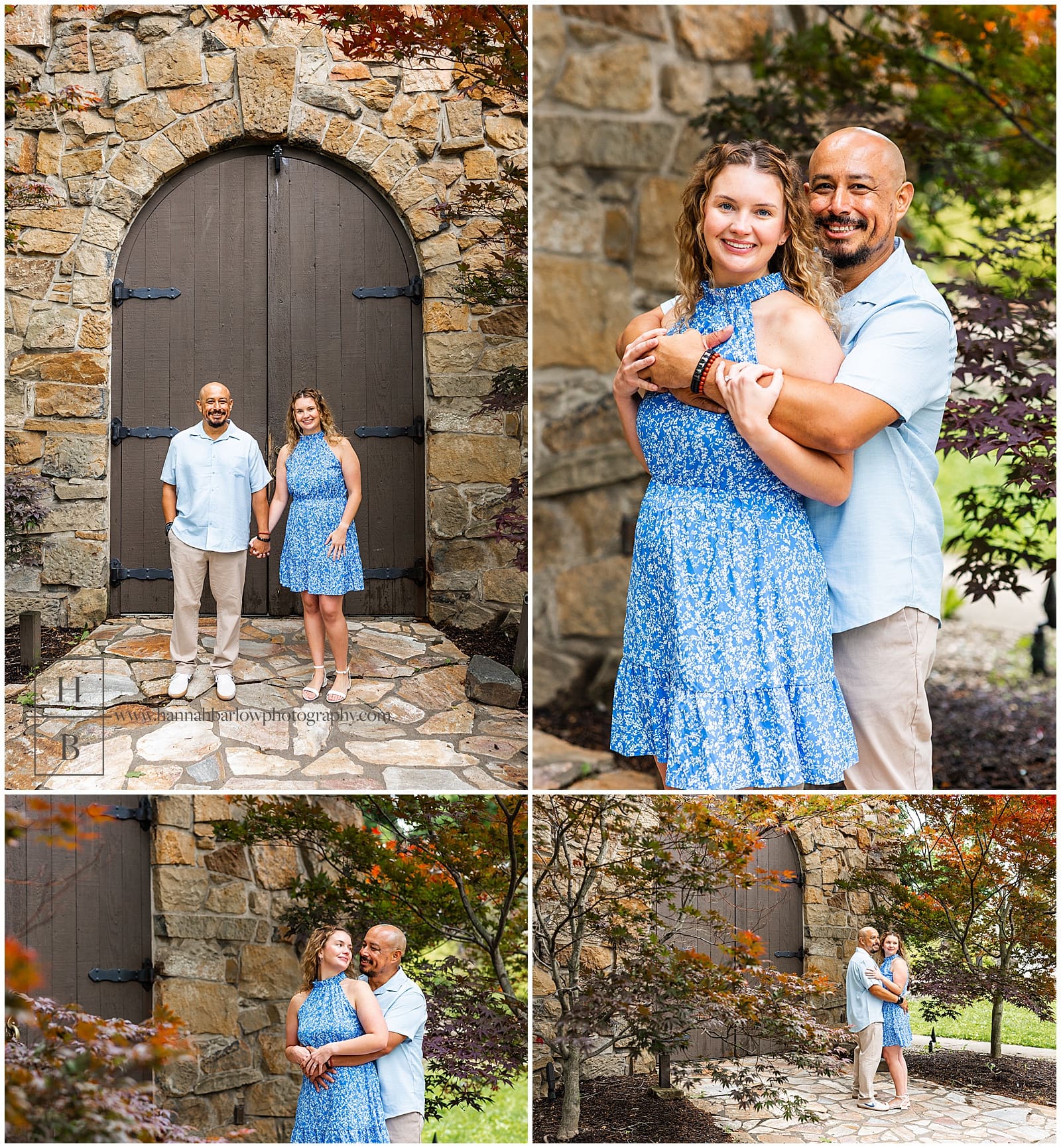 couple poses by stone building for engagement photos
