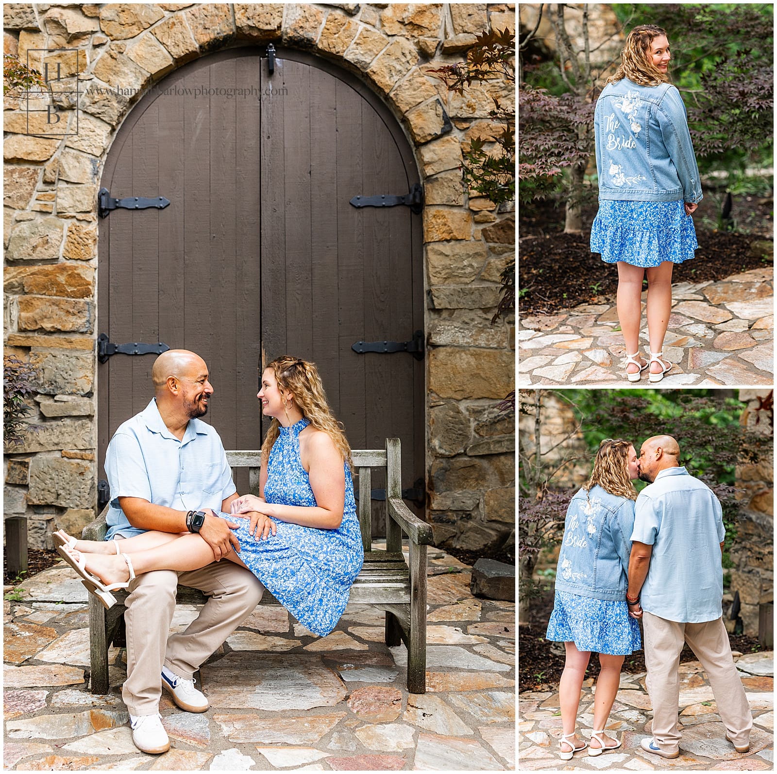 couple sits on bench and shows off jacket that says "bride" for engagement photos