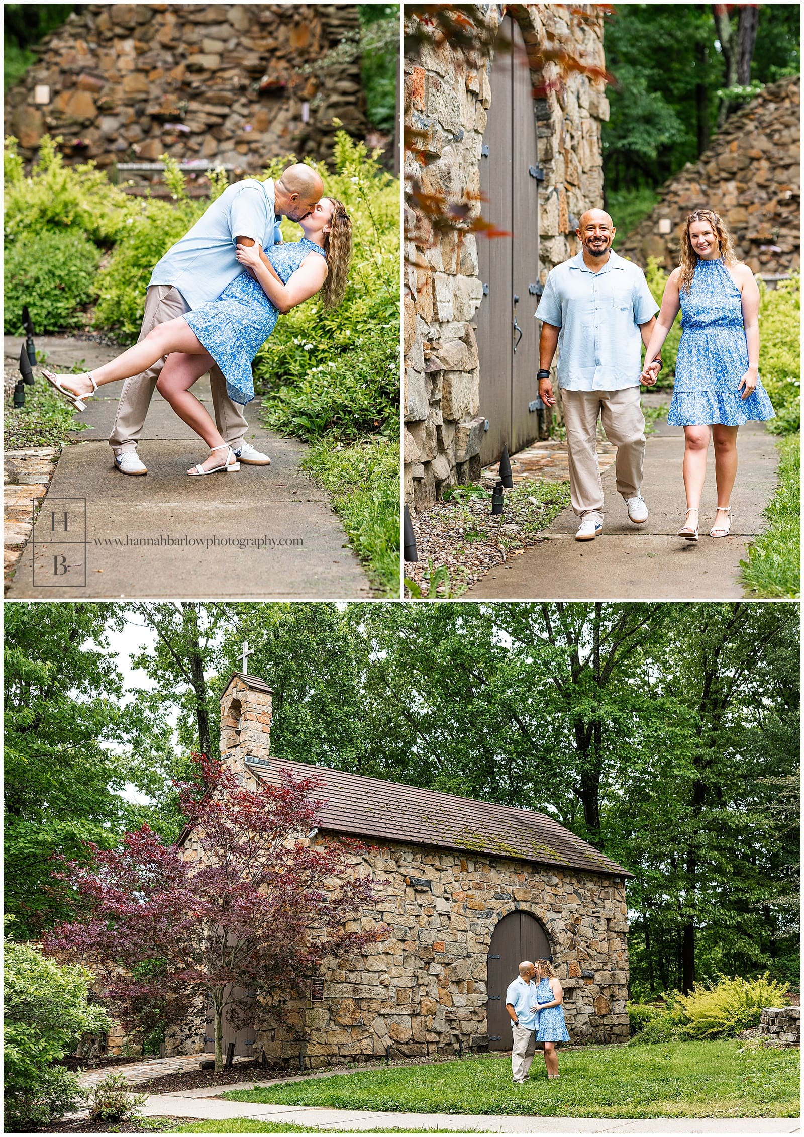 couple dips and walks and laughs by stone building for engagement photos