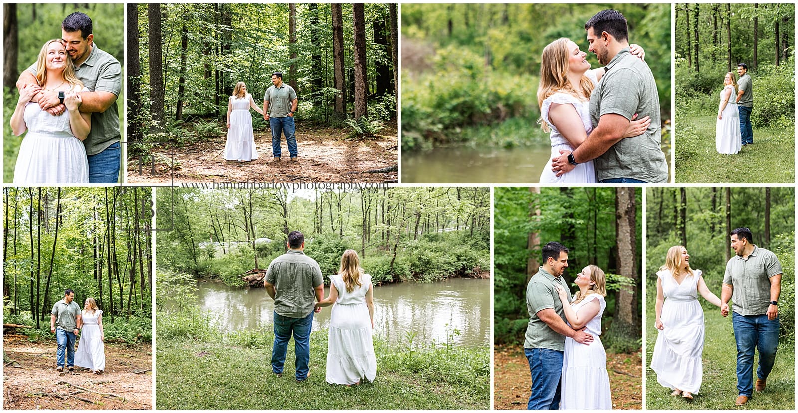 Collage of couple posing for forest engagement photos