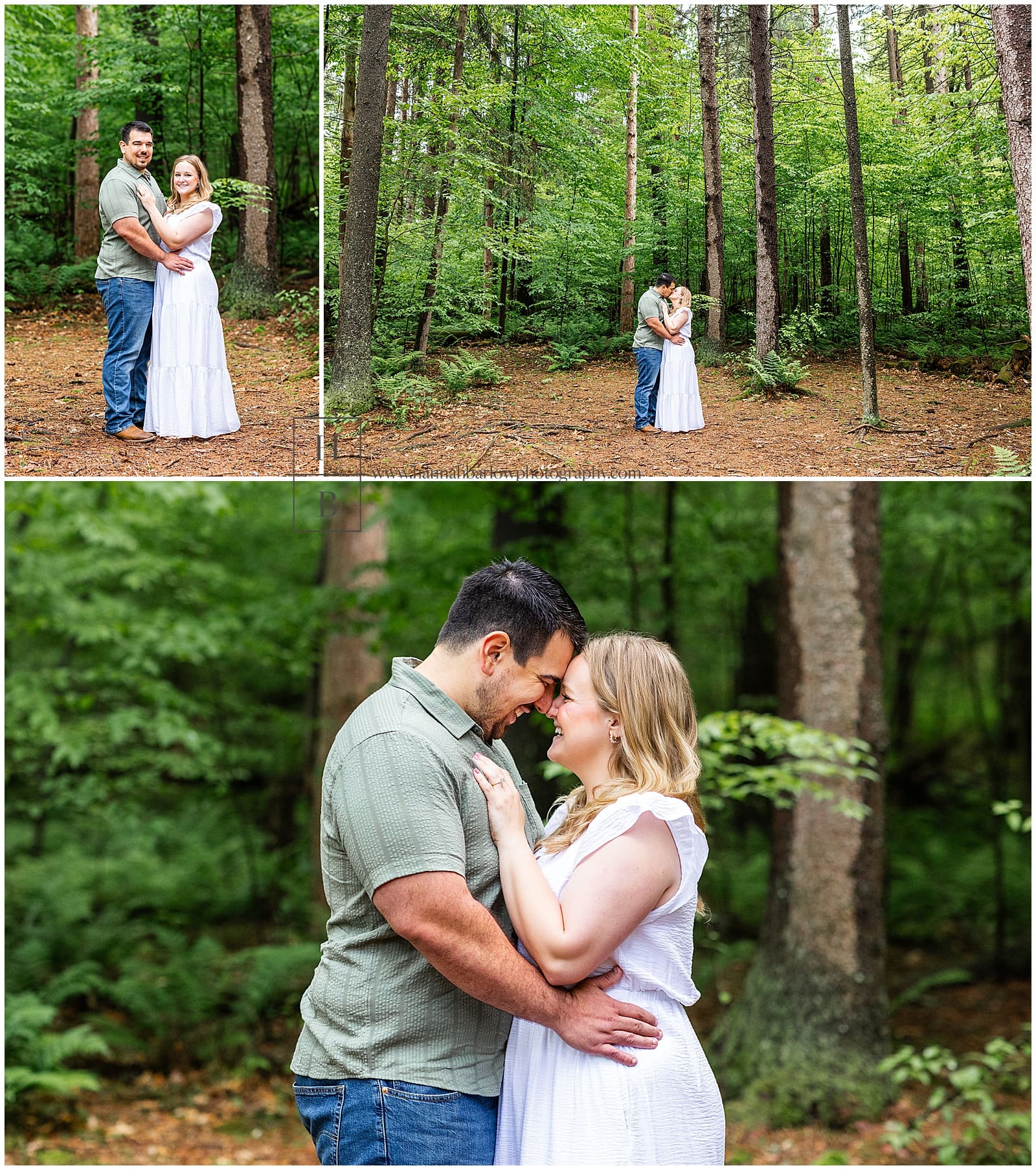 couple embraces in lush green forest for engagement photos