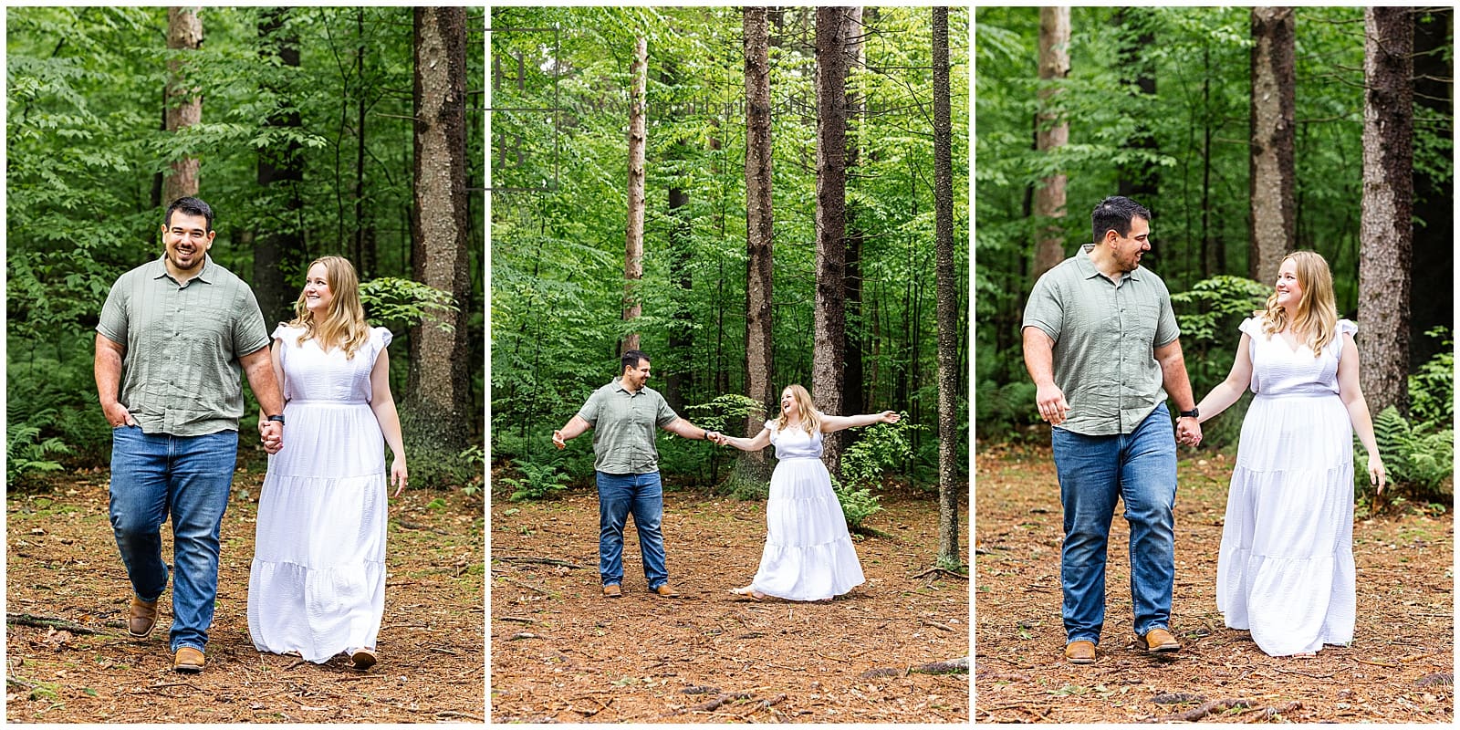 couple dances in forest for engagement photos