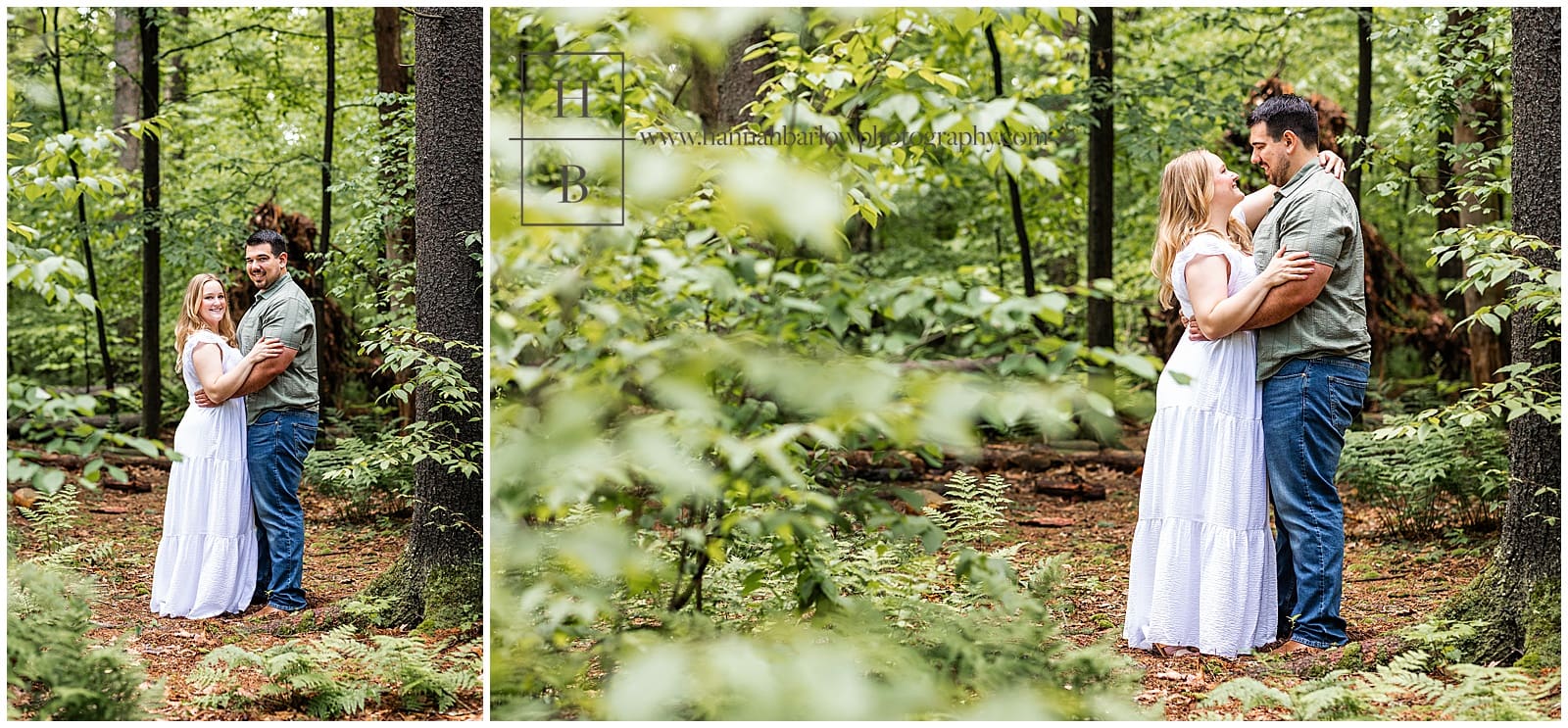 couple looks at one another in forest for engagement photos