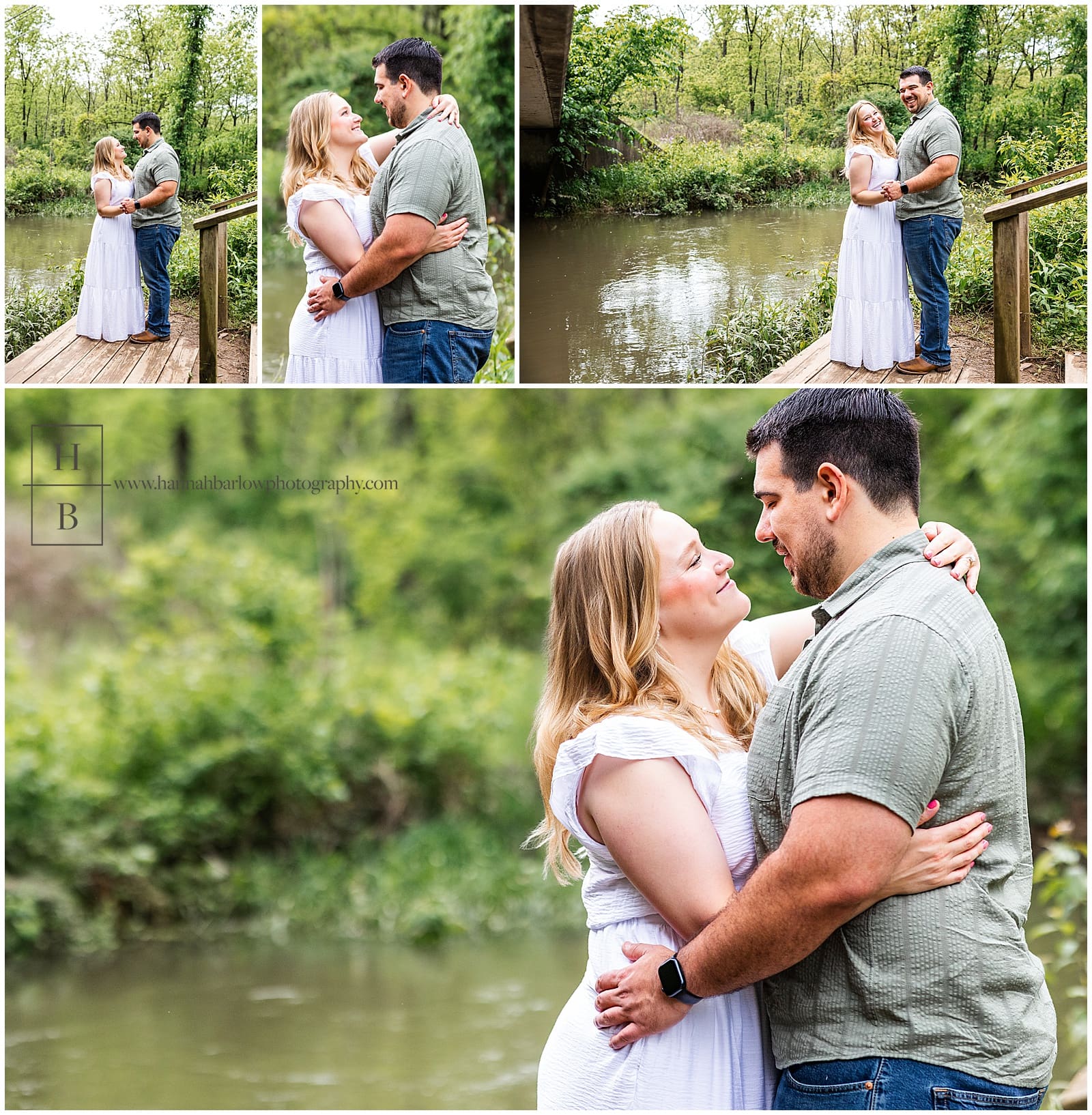 couple embraces and poses by creek for engagement photos