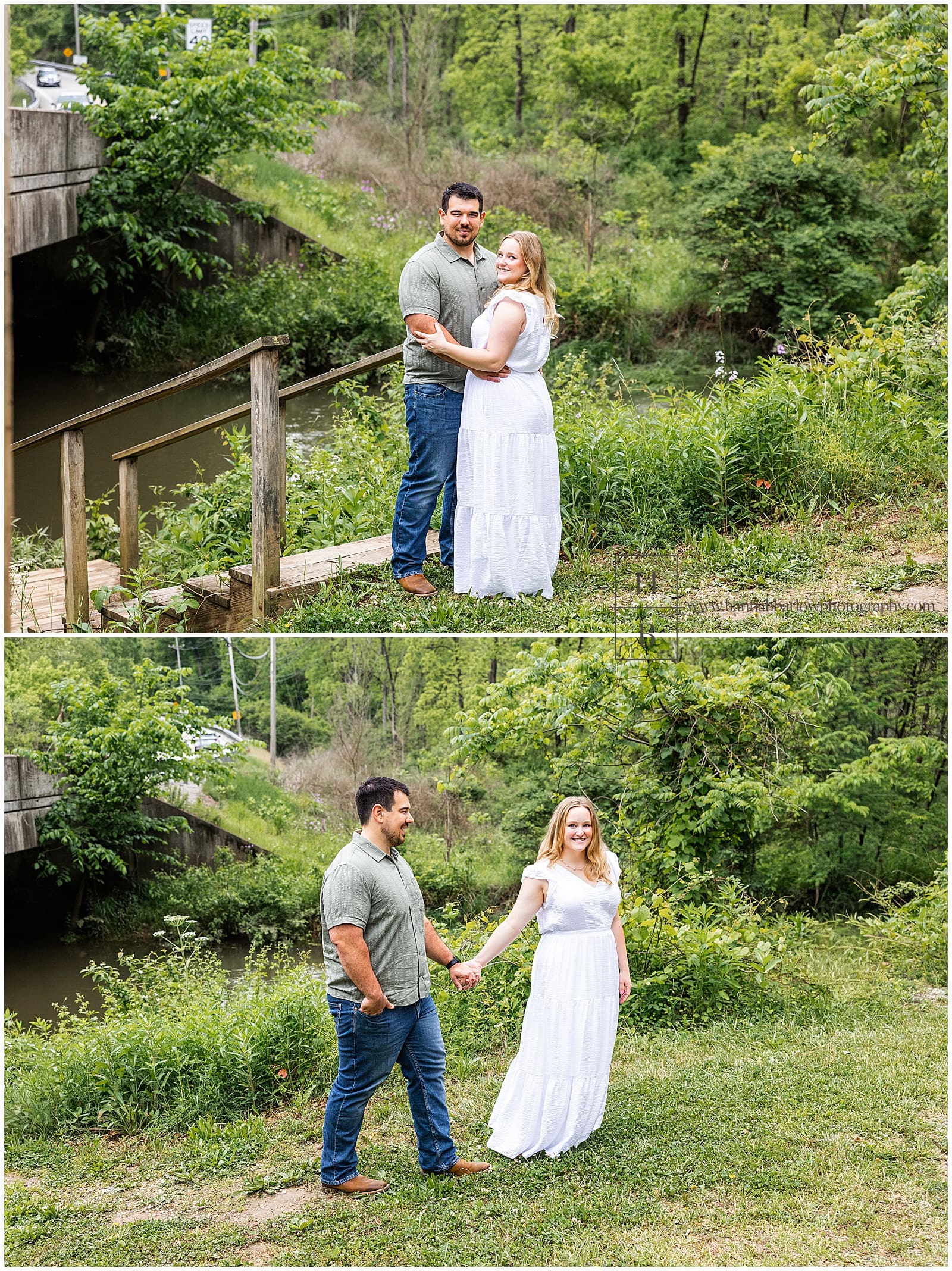 couple stands by dock and creek for engagement photos