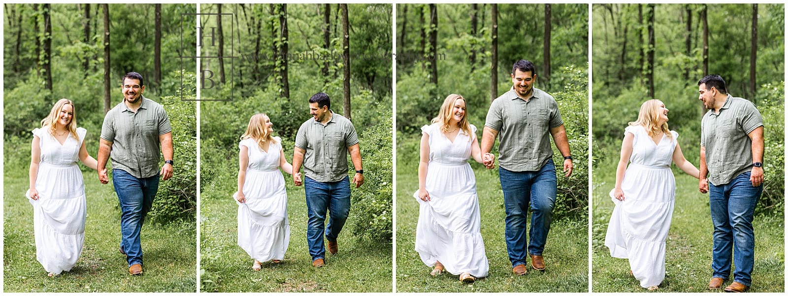 couple walks down forest path for engagement photos