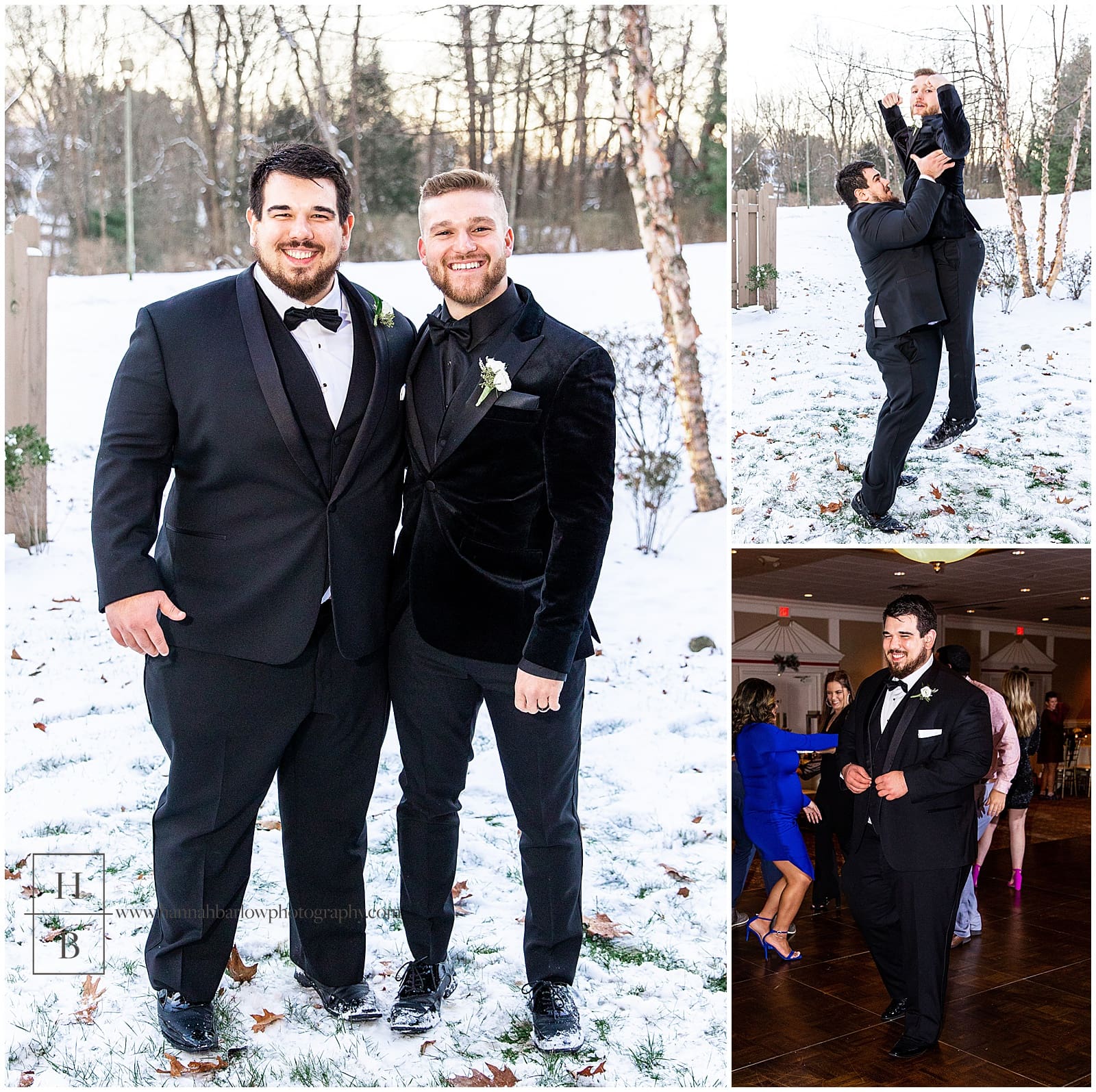groom and groomsman pose in snow for wedding photo