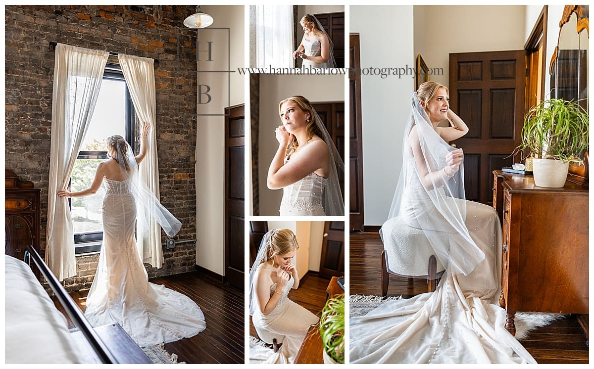 bride gets ready for wedding by window