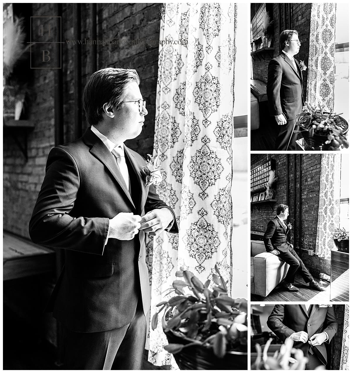 black and white photos of groom getting ready