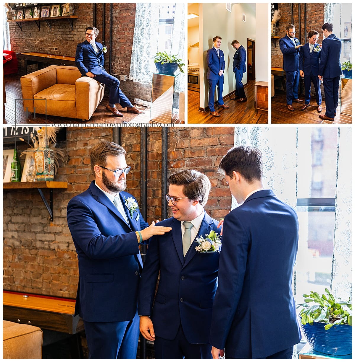 groomsmen laugh and help groom get ready