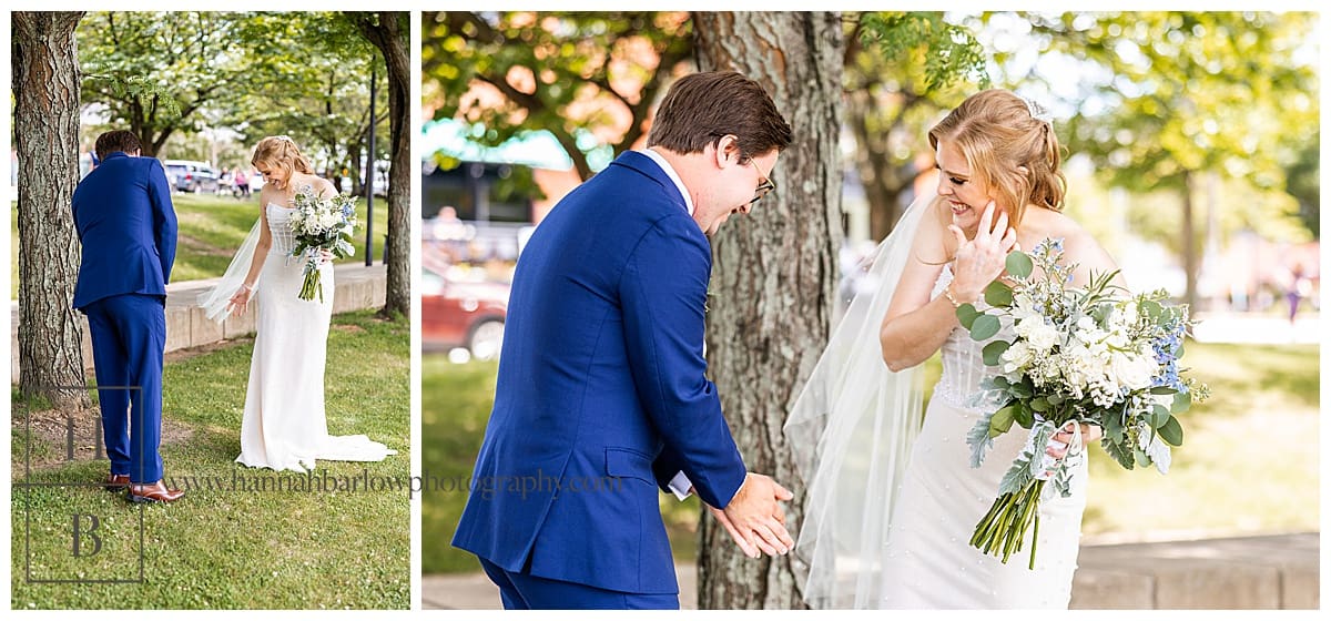 bride and groom share first look moments in green treelined area