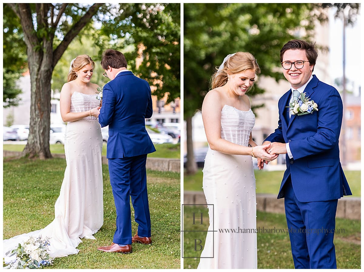 bride and groom exchange rings after first look