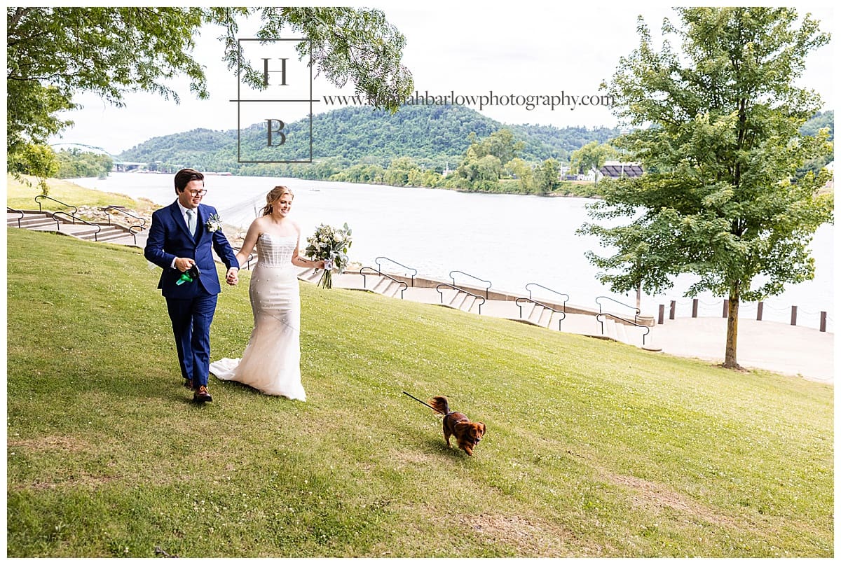 bride and groom walk their dog