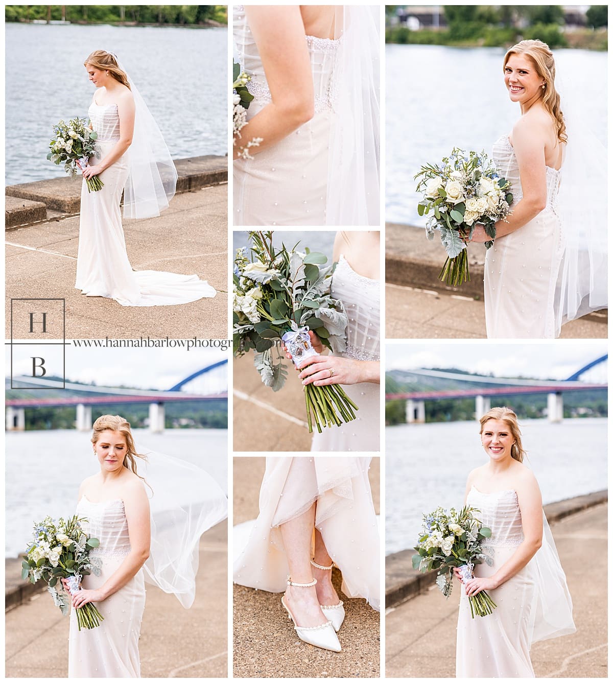 bride poses by river