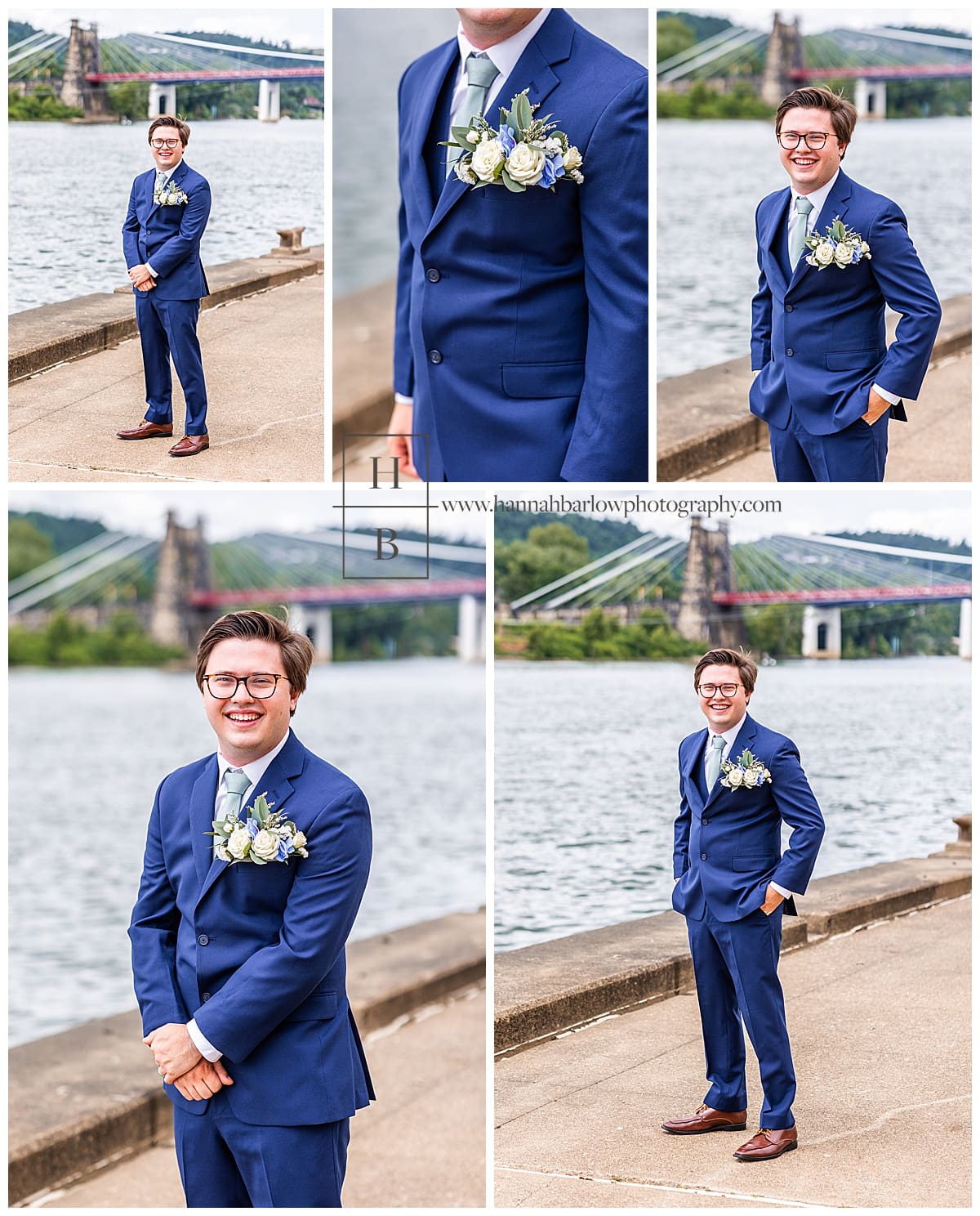 groom in blue tux poses by river