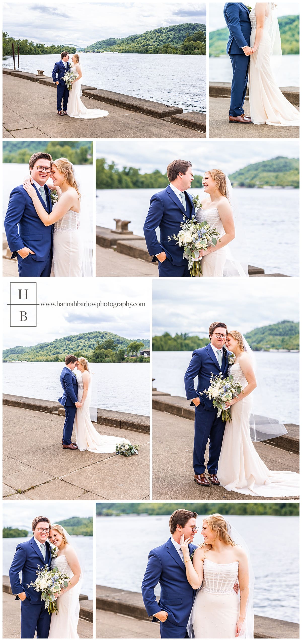 bride and groom pose for wedding portraits by river