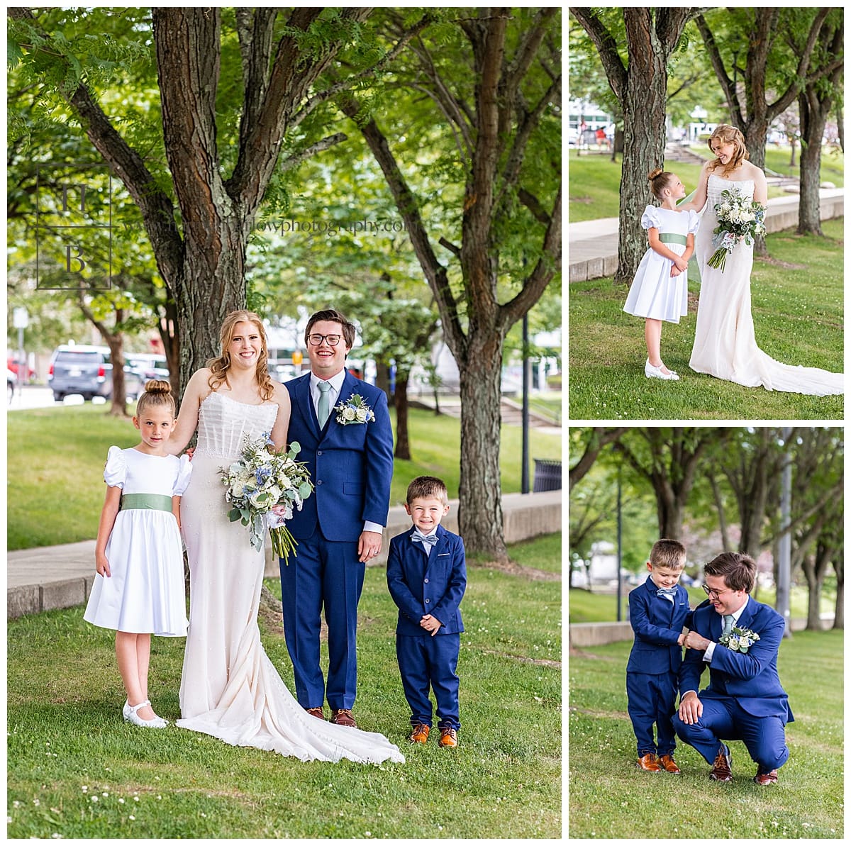 bride and groom pose with flower girl and ring bearer