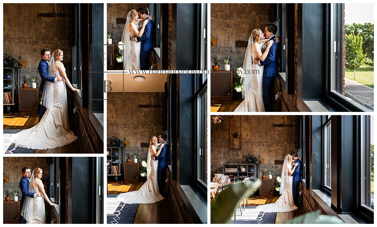 couple poses for wedding portraits inside brick room