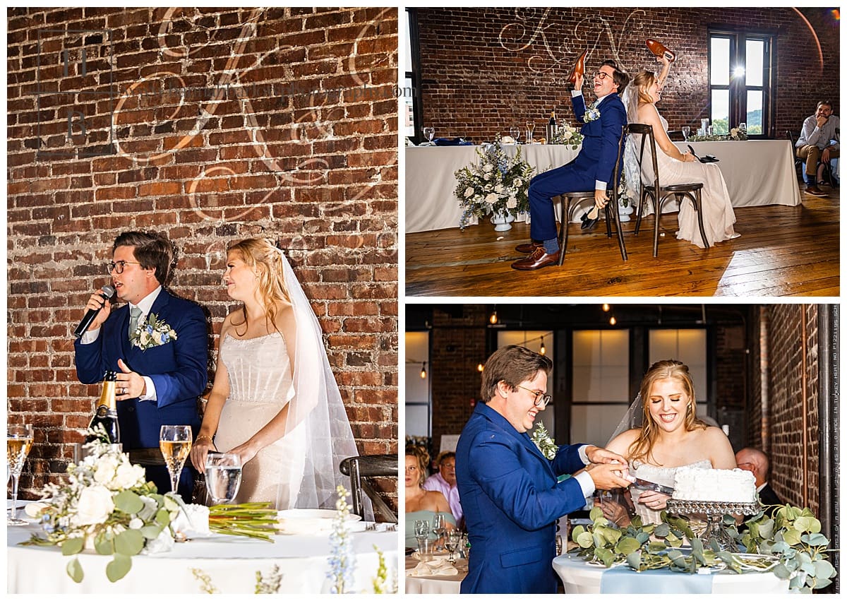 wedding reception moments including cake cutting