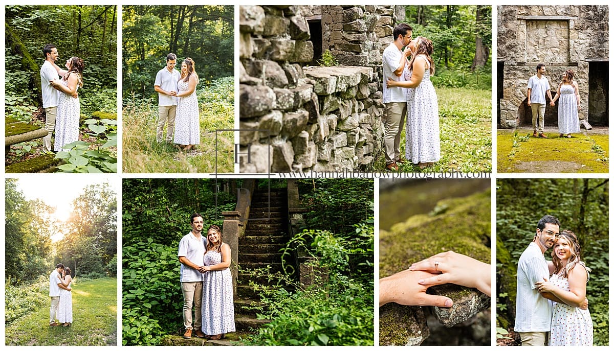 engagement photos collage with lots of moss and trees in Beatty park Steubenville Ohio