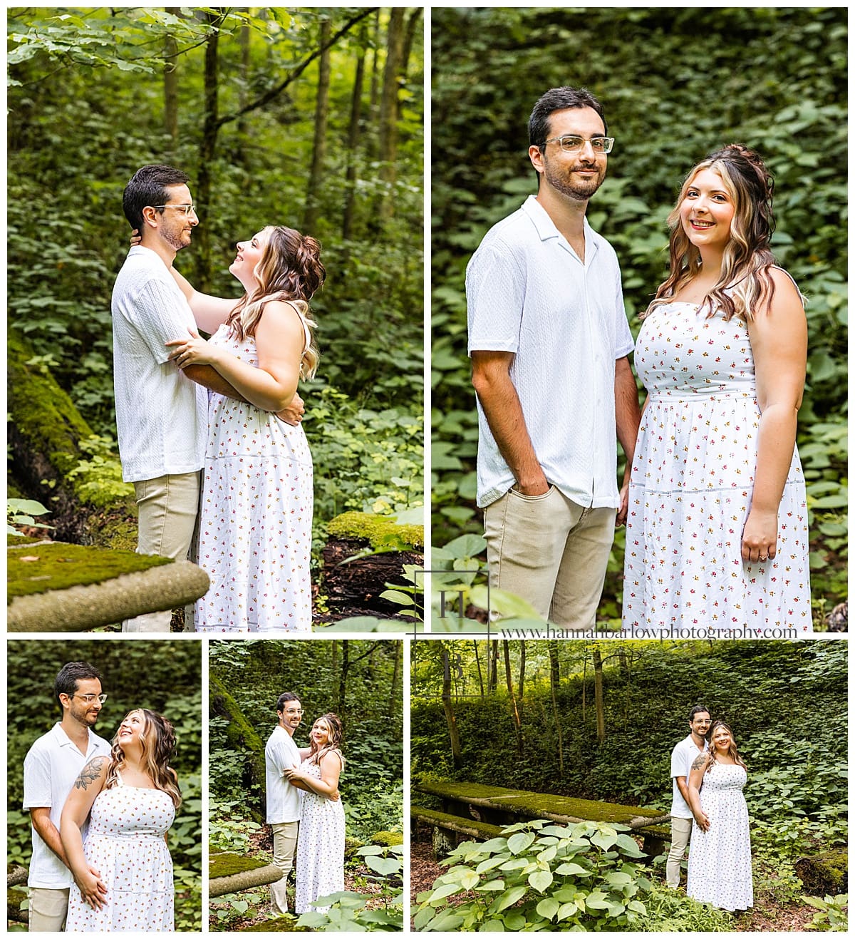 couple poses for engagement photos in forest at Beatty park in Steubenville Ohio