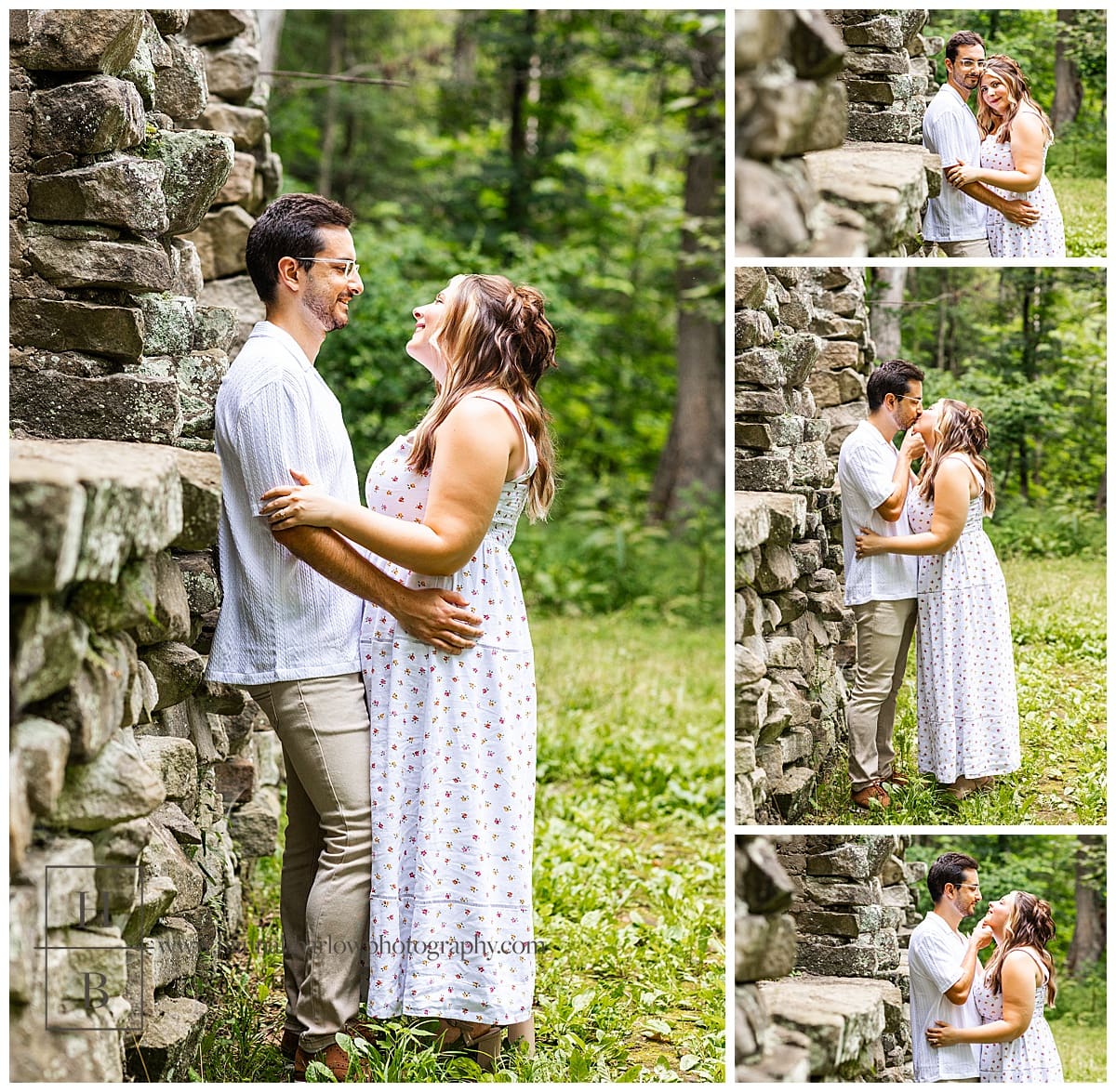 couple poses by old stone building in Beatty park Steubenville Ohio