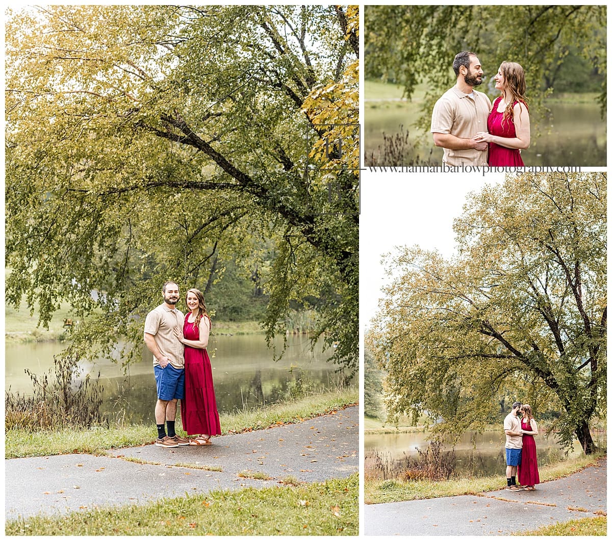 bride to be in red dress poses with fiancé for engagement photos