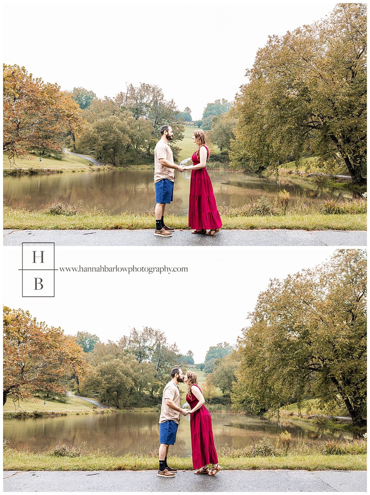 couple stands lakeside and kisses