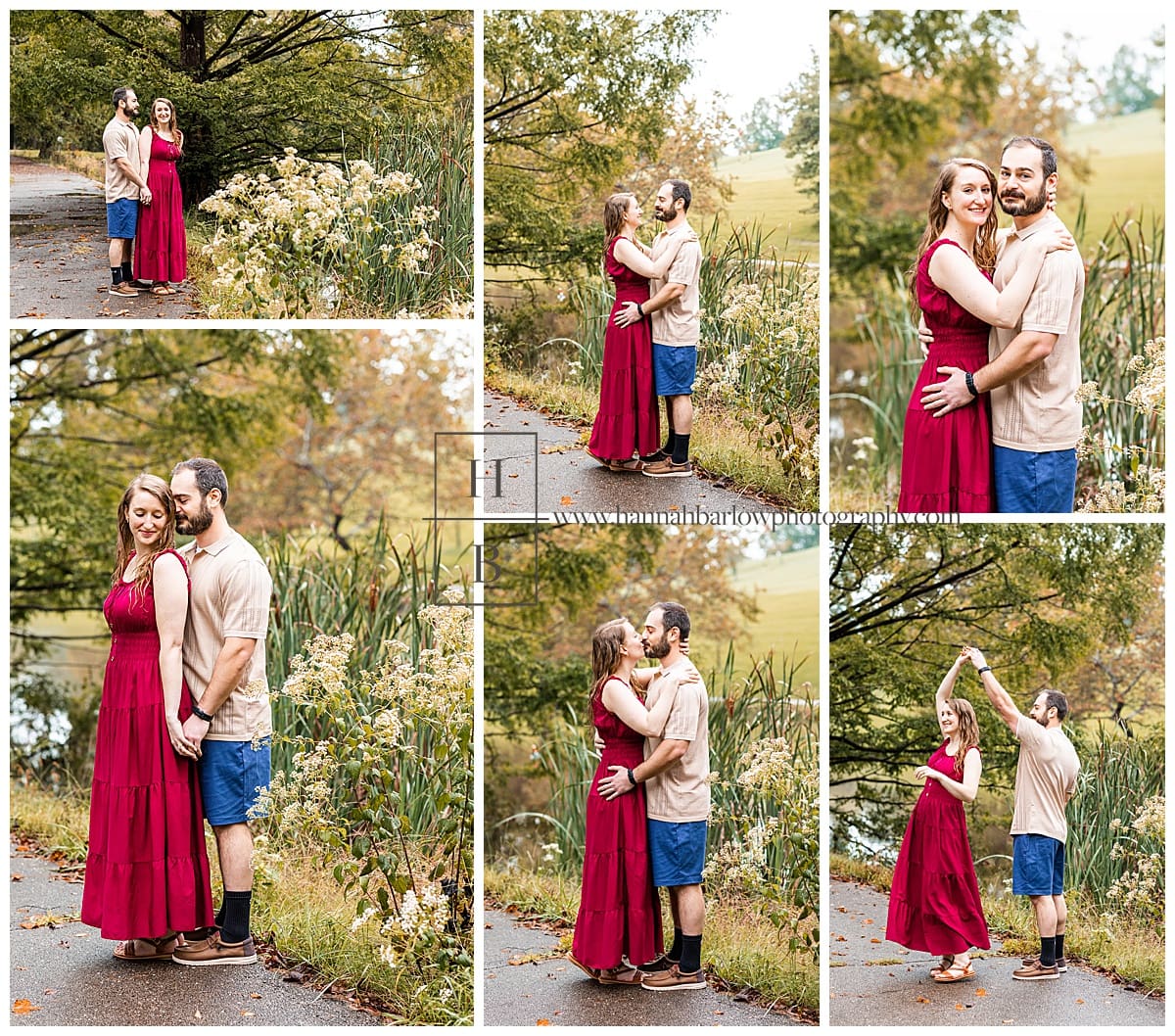 collage of fall engagement photos bride wears red dress