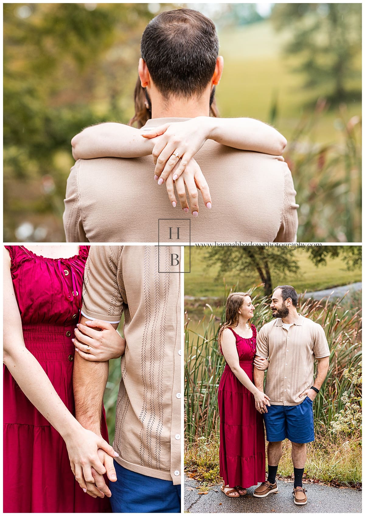 bride shows off rings for engagement photos