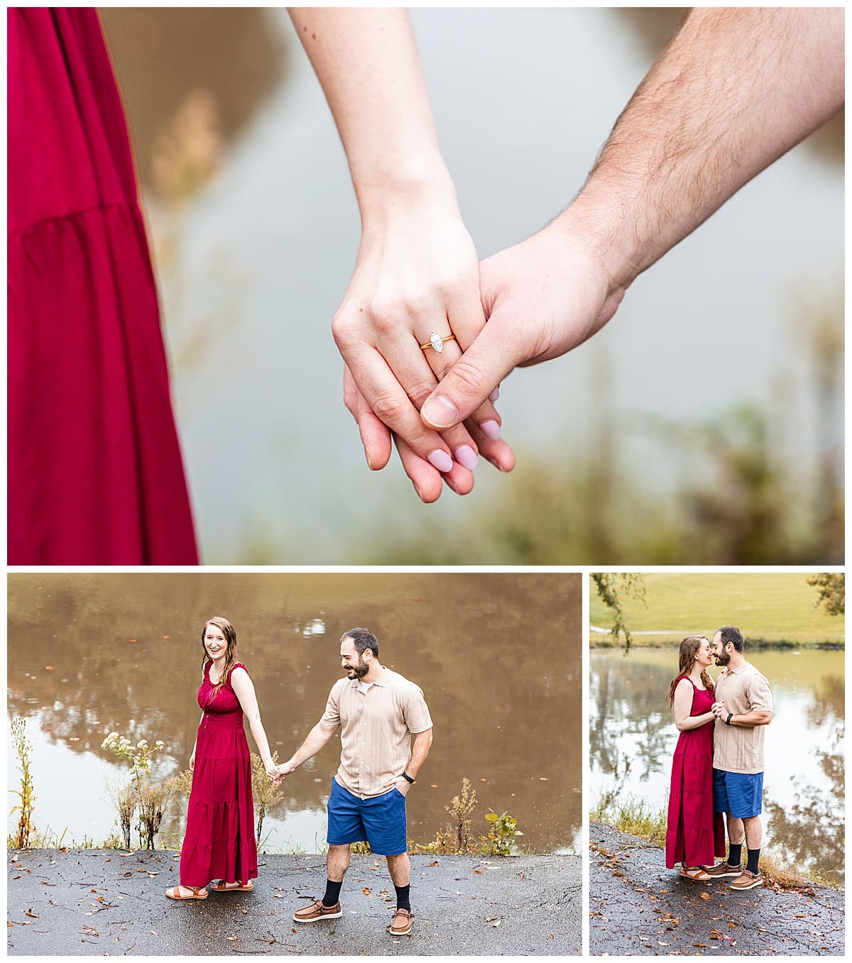 bride and groom to be walk hand in hand to show off ring for engagement photos