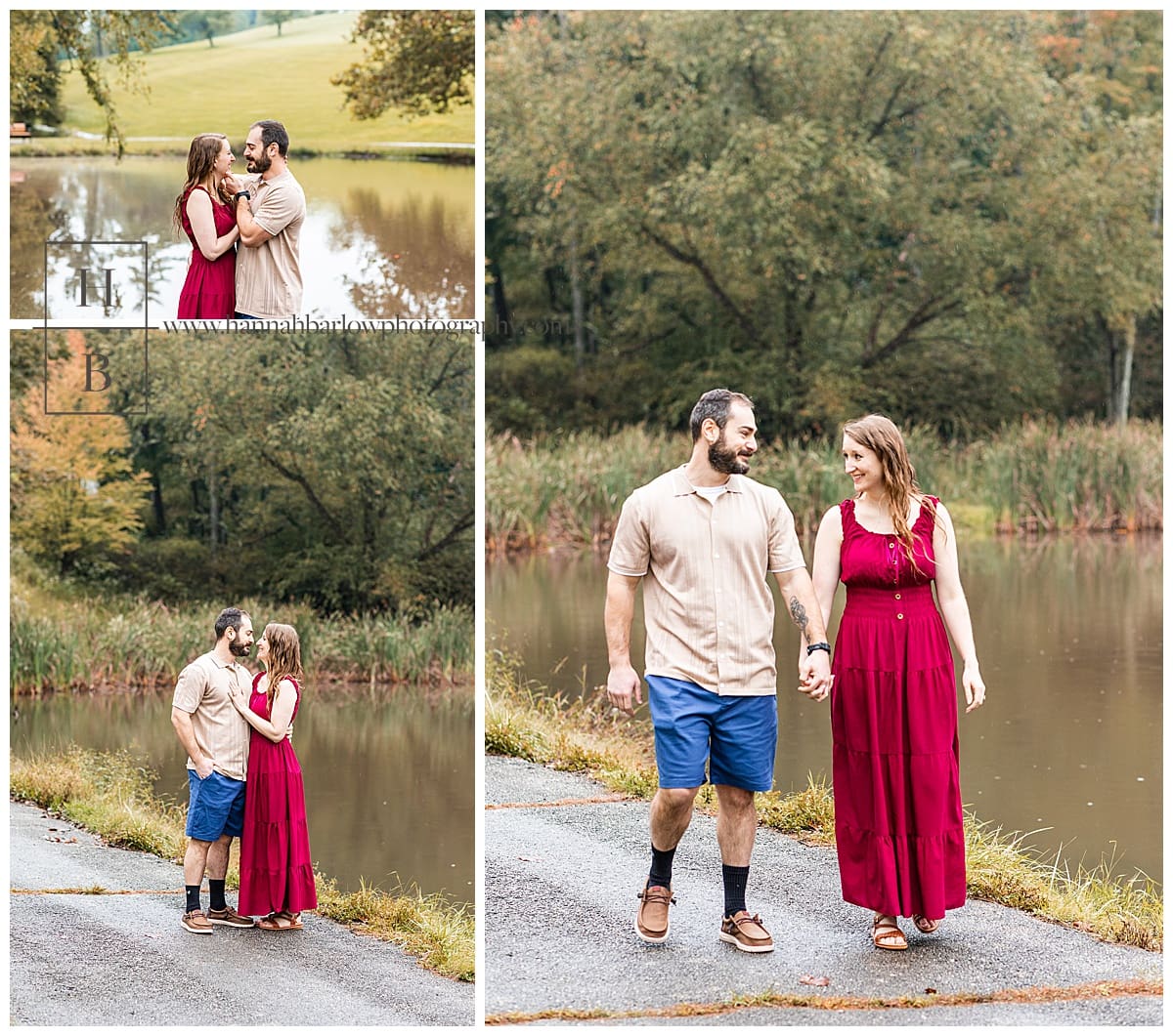 couple walks by lake for fall engagement photos