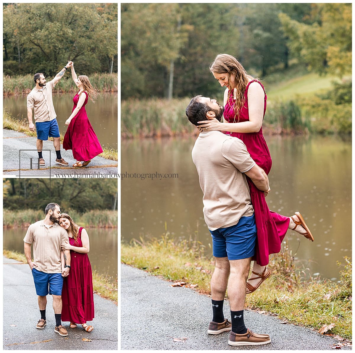 groom to be lifts bride to be in air for engagement photos by lake