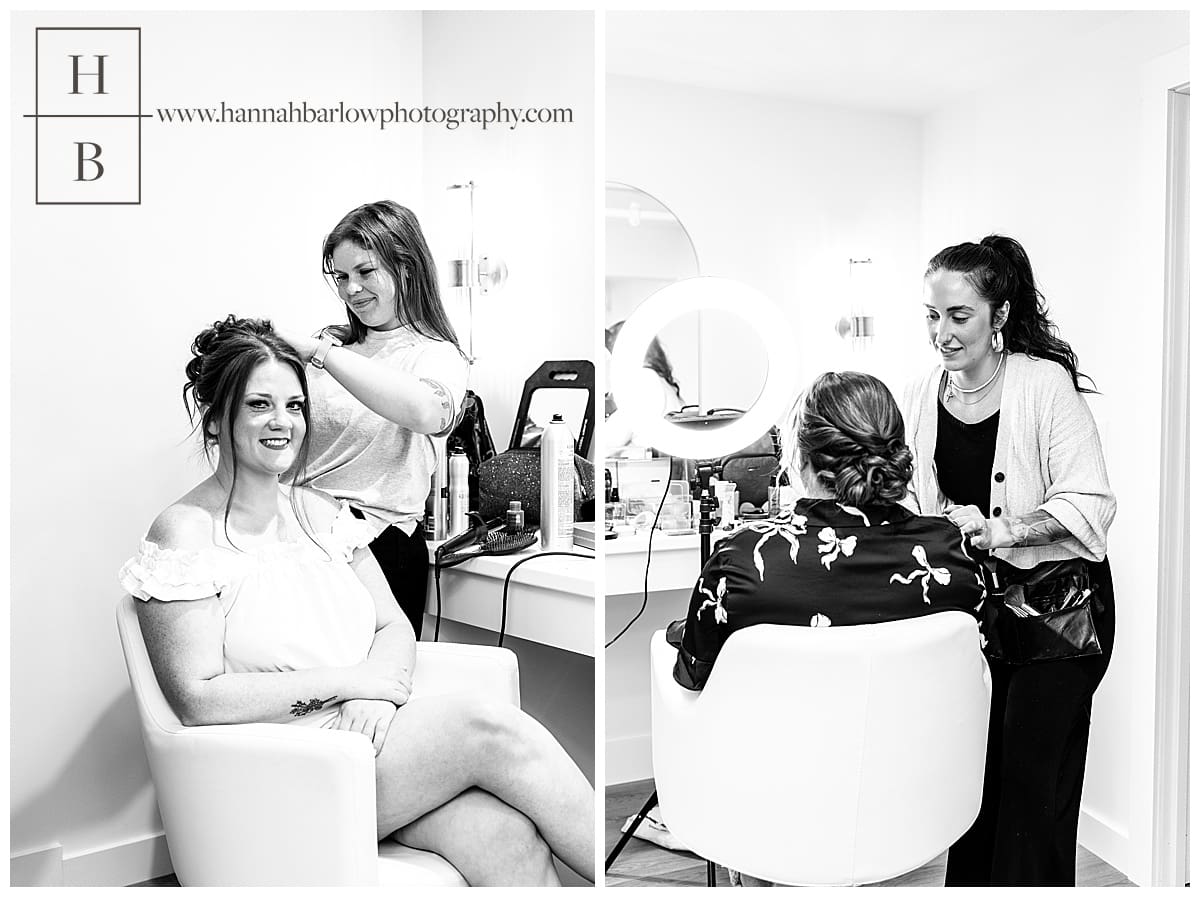 black and white photos of bride getting hair and makeup done at crescent acres in st Clairsville Ohio